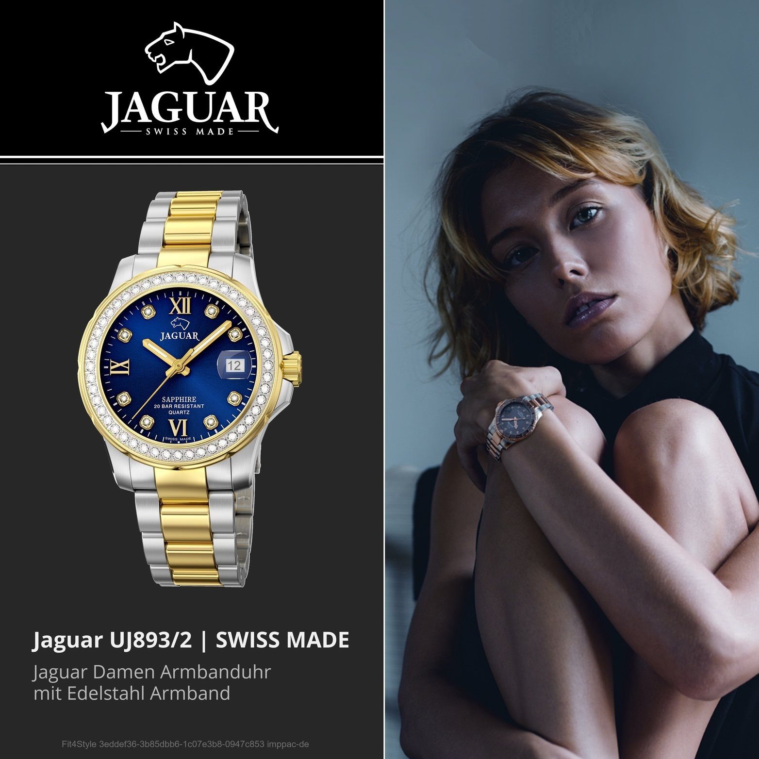 JAGUAR Quarzuhr (ca. Edelstahl rundes Analog, Jaguar mit Uhr mittel Damenuhr Edelstahlarmband, J893/2 34mm), Damen Gehäuse, Fash