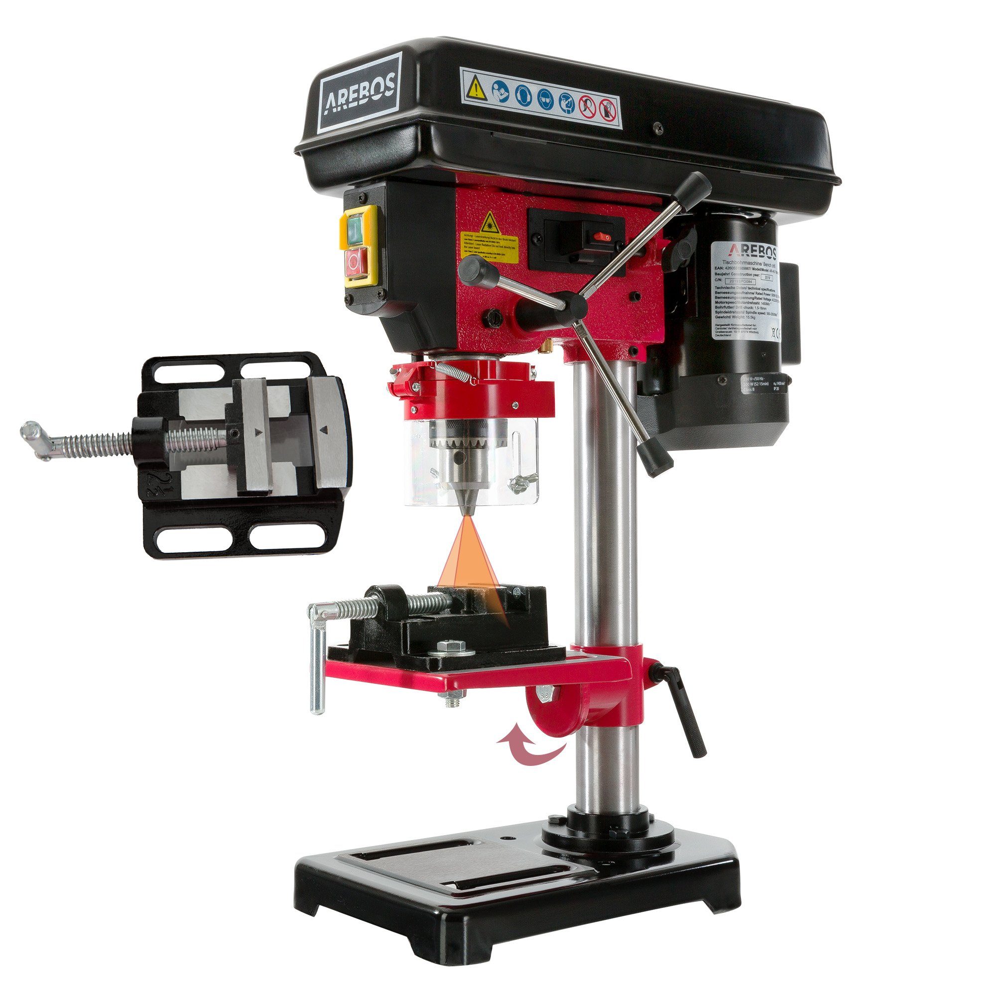 2500,00 zum Max. integriertem +45°, 175 500 U/min, Tischbohrmaschine 0° Tisch: 220-240 mit Arebos / -45° max. Tischverstellung: (Set), W, Säulenbohrmaschine, / Positionslaser, mm V, Abstand