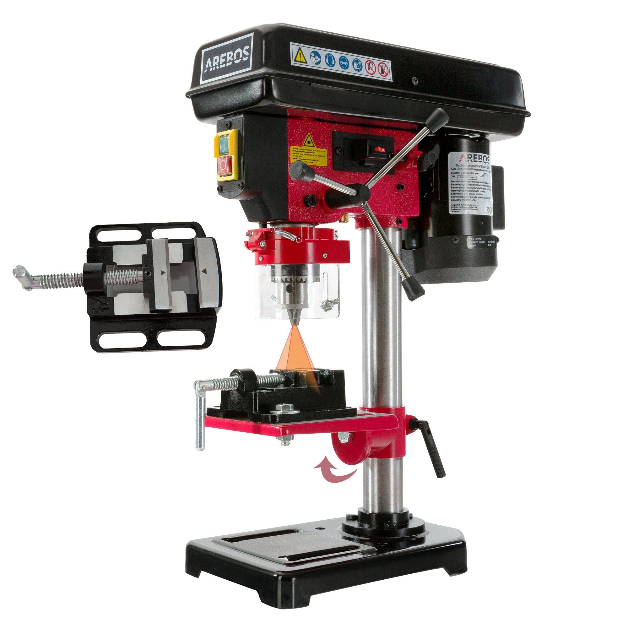Arebos Tischbohrmaschine mit integriertem Positionslaser, 500 W, 5 Geschwindigkeitsstufen, 230 - 240 V, max. 2500,00 U/min, (Set), Schallleistungspegel: 78,8 dB(A), Schalldruckpegel: 68,4 dB(A)