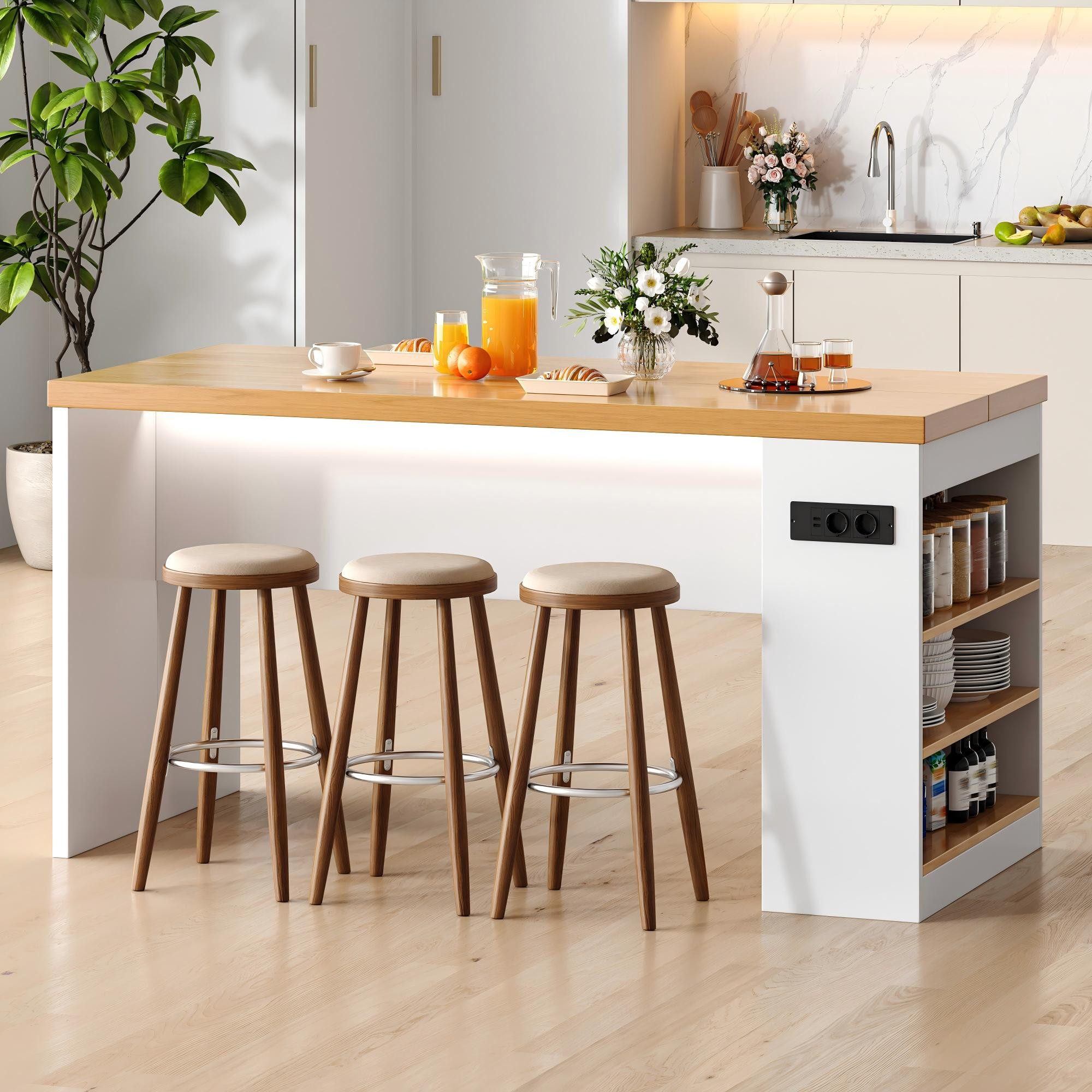 Flieks Kücheninsel mit Arbeitsplatte, LED-Beleuchtung, Steckdose,3 offenen Seitenablagen, (155x80x90 cm, Mehrzweckschrank mit 2xAC+2xUSB), multifunktional Küchenschrank mit Ladenfunktion, Holzoptik & Weiß