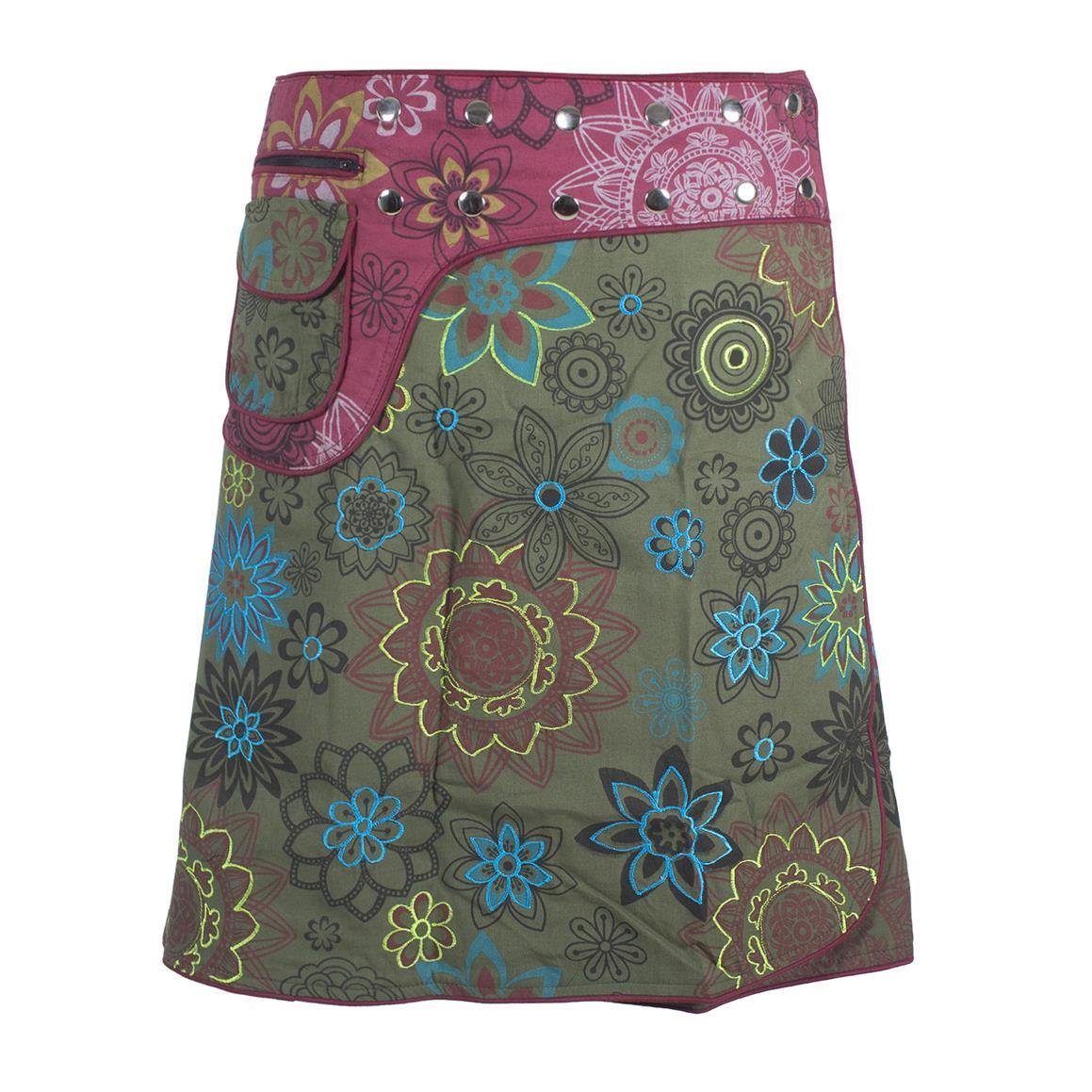 Bestickt Vishes Bedruckt Cacheur, Wrapper Bunt Wickelrock Style mit Sidebag Blumen A-Linie, Hippie Goa, olive-dunkelrot