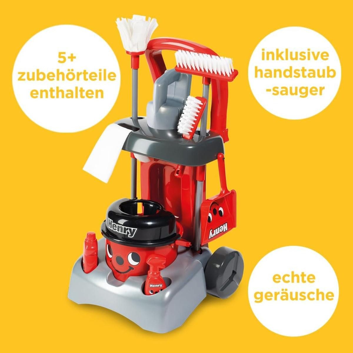 Casdon Kinder-Staubsauger Casdon Henry Deluxe Putzwagen Rotes Spielset Reinigungswagen-Set 3+