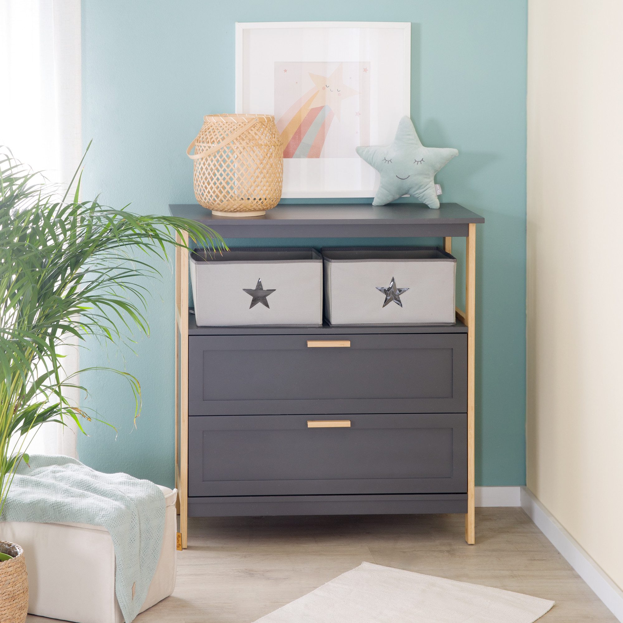 roba® wrap dresser Berlin - Frame + handles made of bamboo wood - Anthracite, removable wrap attachment - changing table with 2 drawers & fabric boxes