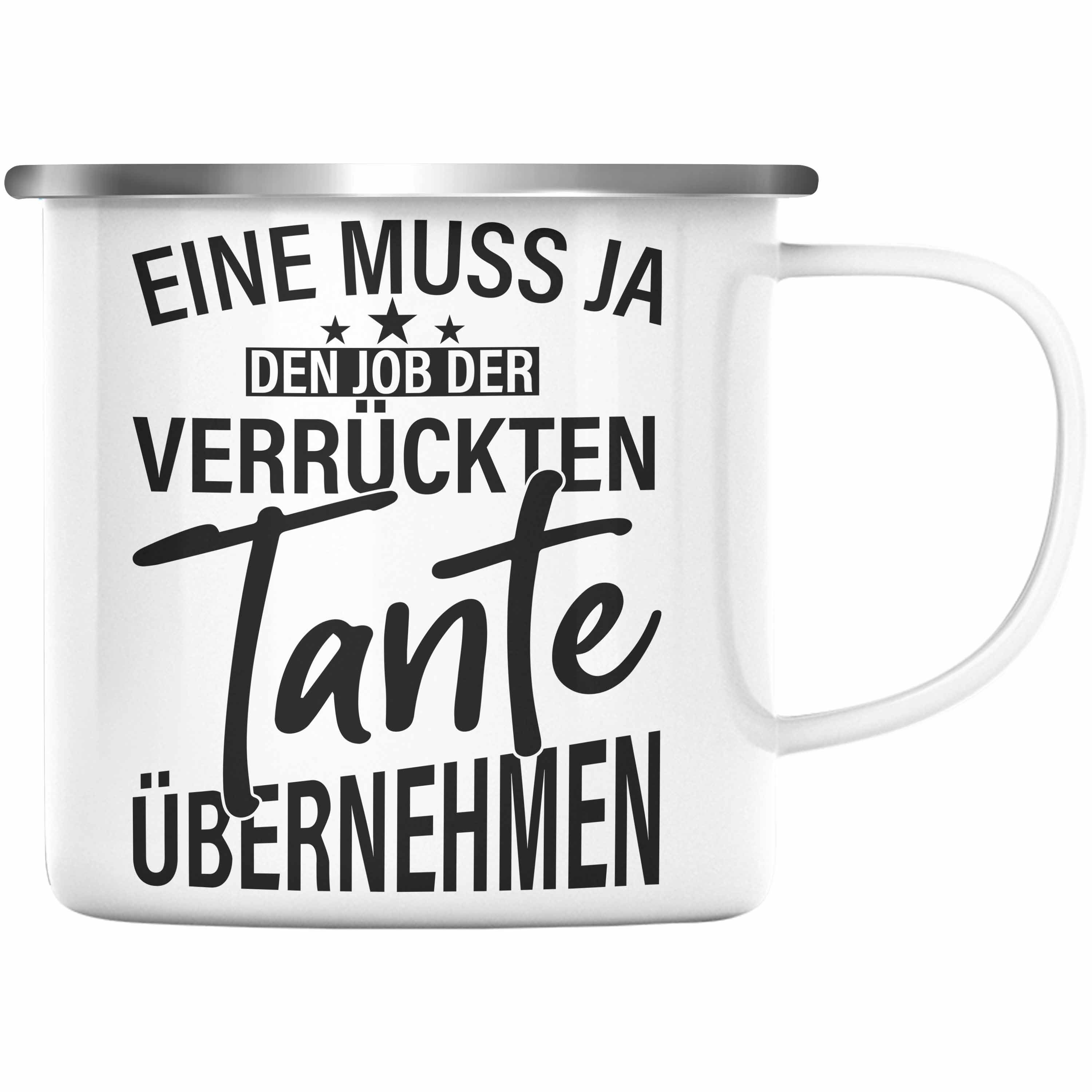 Trendation Thermotasse Trendation - Verrückte Tante Emaille Tasse Geschenk Lustig Geschenkidee Geburtstag Weihnachten Beste Tante Geschenkidee Silber