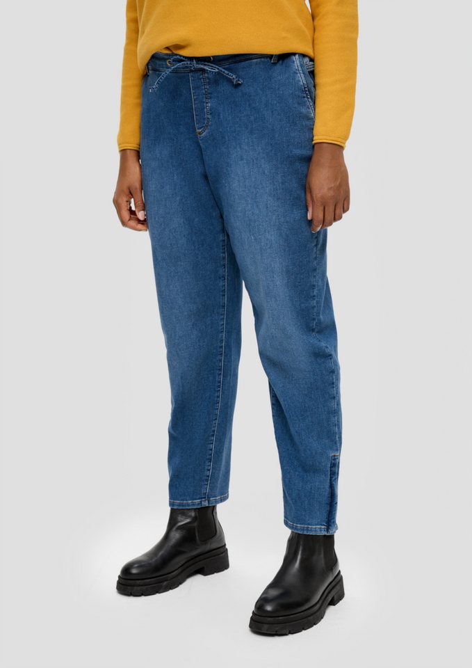 TRIANGLE Stoffhose Jeans Waschung, Mid Fit Gummizug, / Kontrastnähte / Logo, Rise Mom