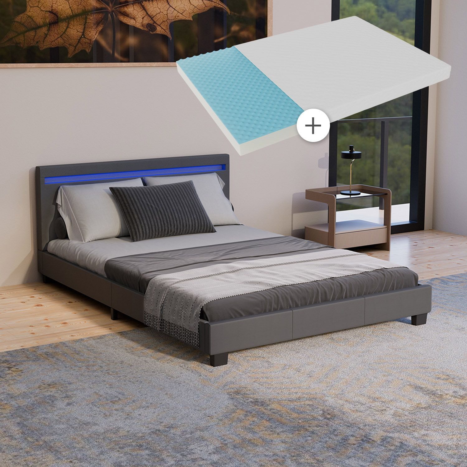 Juskys Polsterbett Paris, 140x200 cm, RGB-LED, Kunstleder, weiches Kopfteil, inkl. Matratze