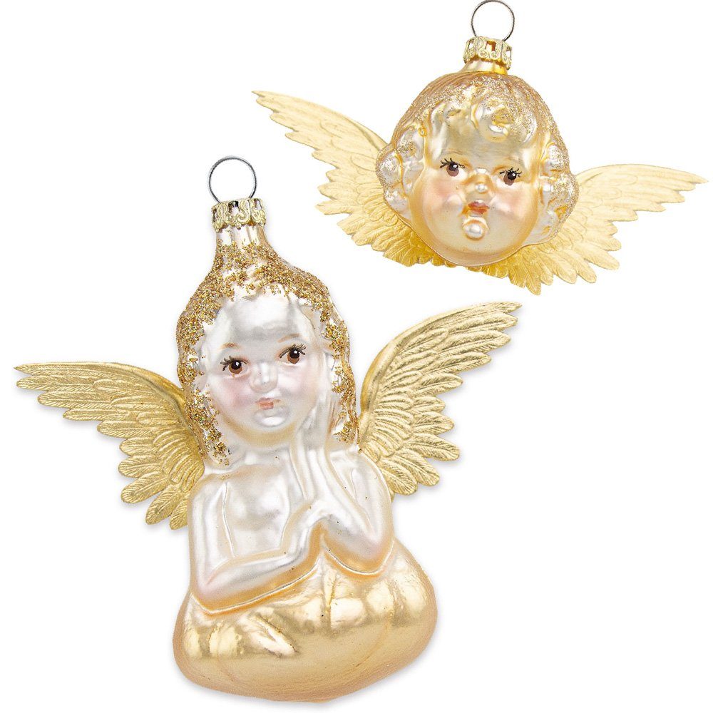 Thüringer Glasdesign Christbaumschmuck Engel 5 und 10 cm (2 Stück) - Gold, Weihnachtsbaum Anhänger (2-tlg), Mundgeblasen