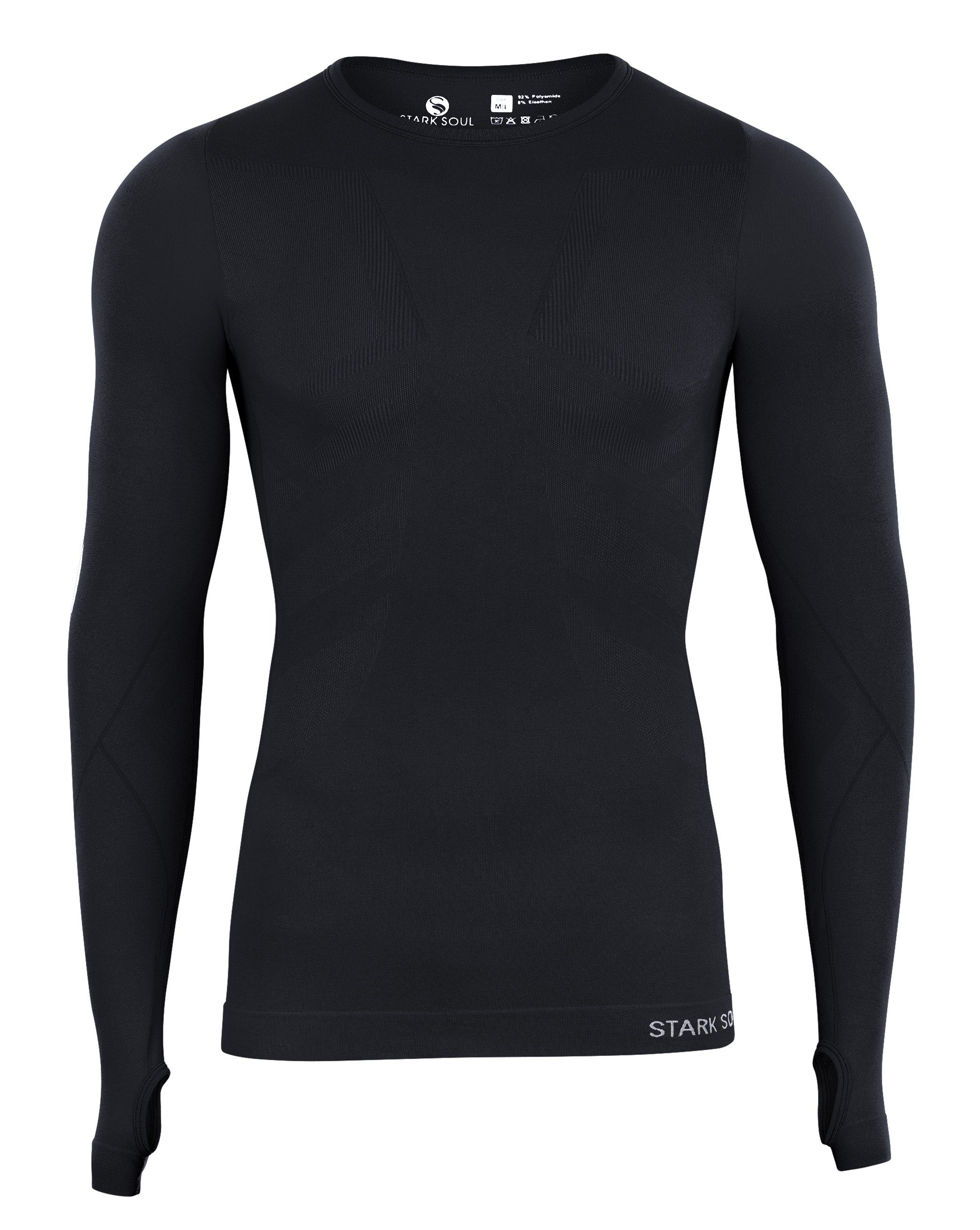 Stark Soul® Schwarz - Daumenlöchern Seamless Langarm, Baselayer UP mit Unterziehshirt WARM Longsleeve Unterzieh-Shirts, 