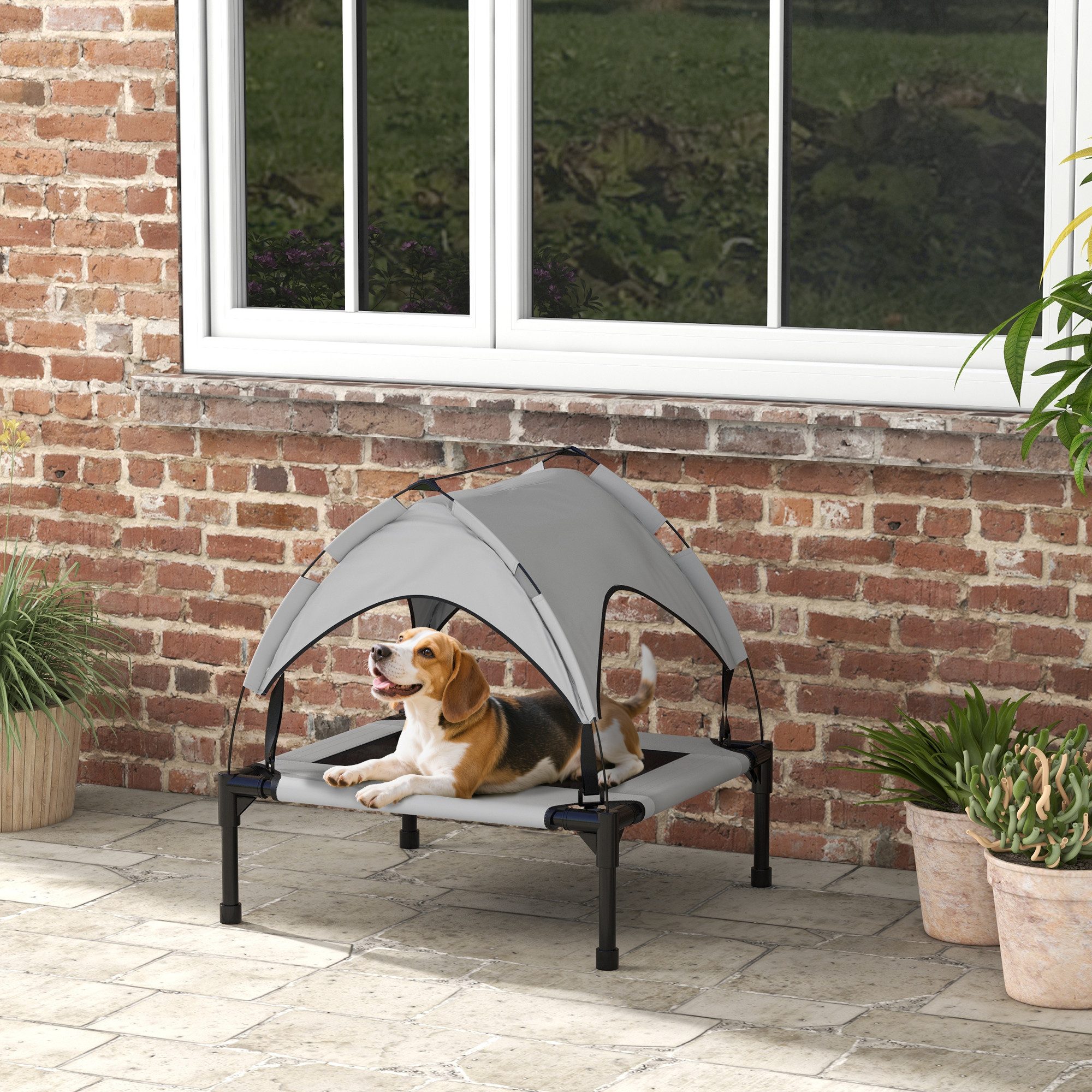 PawHut Tierbett mit Baldachin, Outdoor Hundeliege mit Dach, Atmungsaktiv, Oxford, für kleine und mittelgroße Hunde Hellgrau Oxford 76 x 61 x 69,5 cm