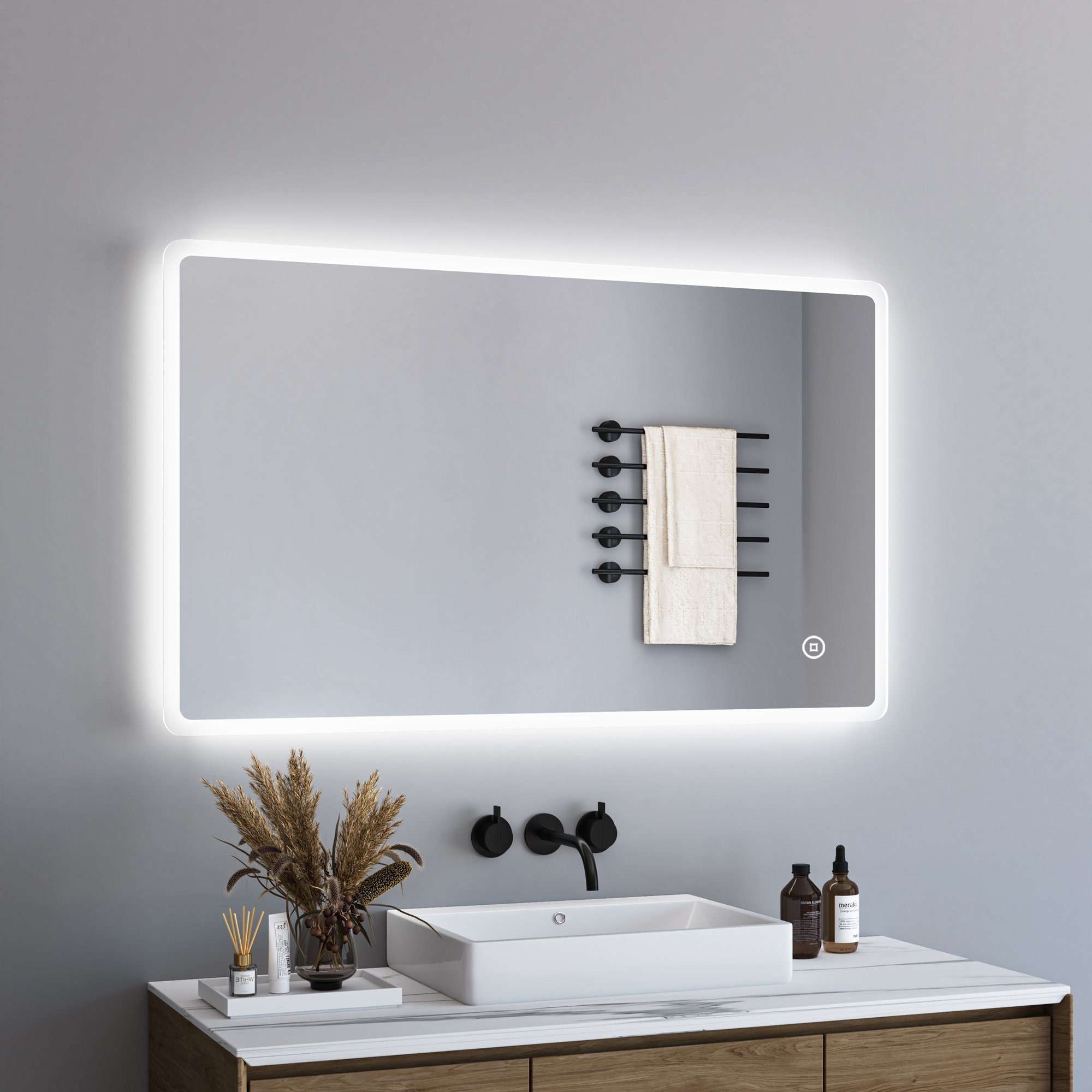 WDWRITTI Зеркало LED Badspiegel mit Touch 120x70 100x70 100x60 3Lichtfarben Dimmbar (Wandspiegel groß Lichtspiegel, Memory-Funktion, Touch,Wandschalter), energiesparender, IP44