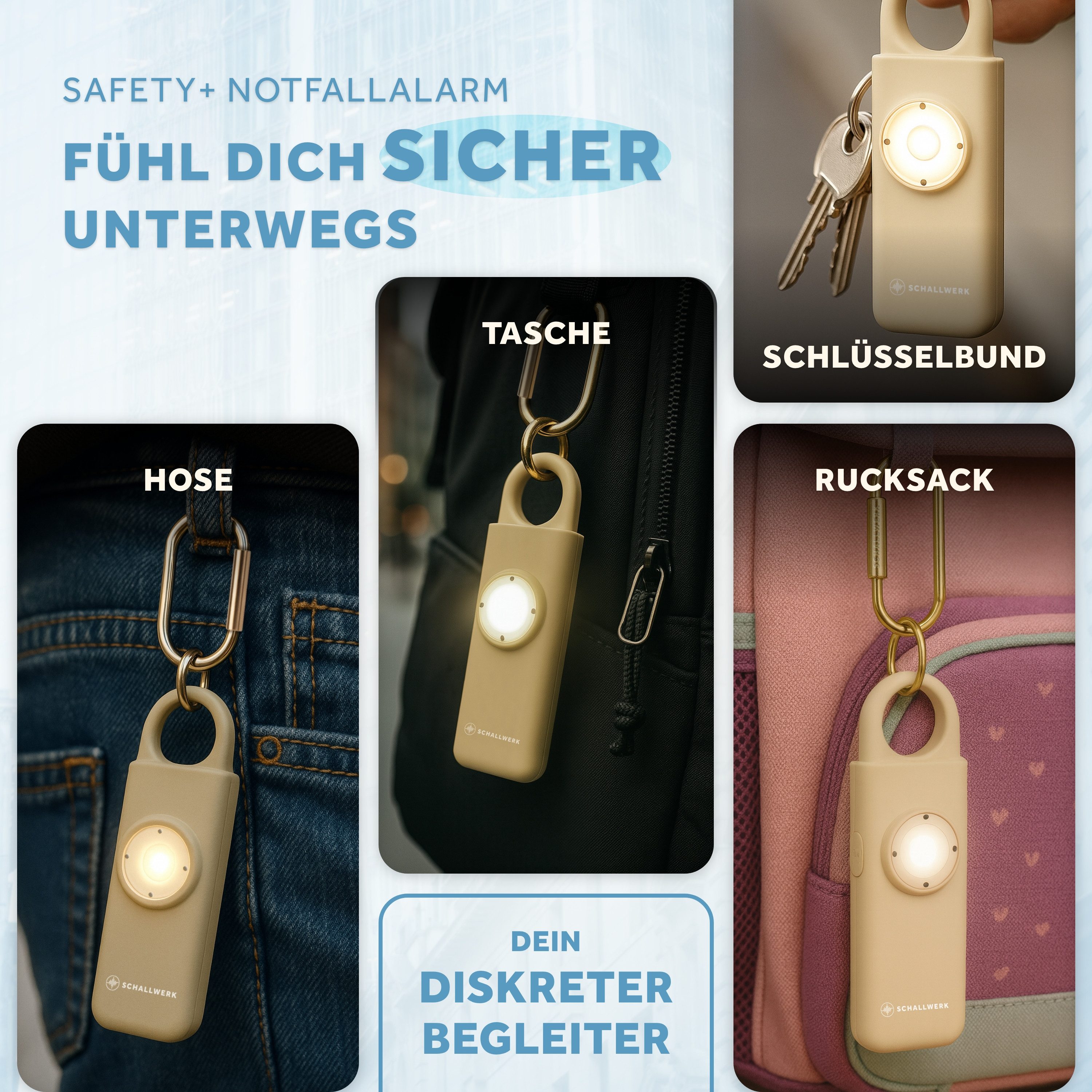 Schallwerk Taschenanhänger Taschenalarm für Selbstverteidigung & Sicherheit Lauter Alarm, LED-Stroboskoplicht, Schlüsselanhänger, für Frauen