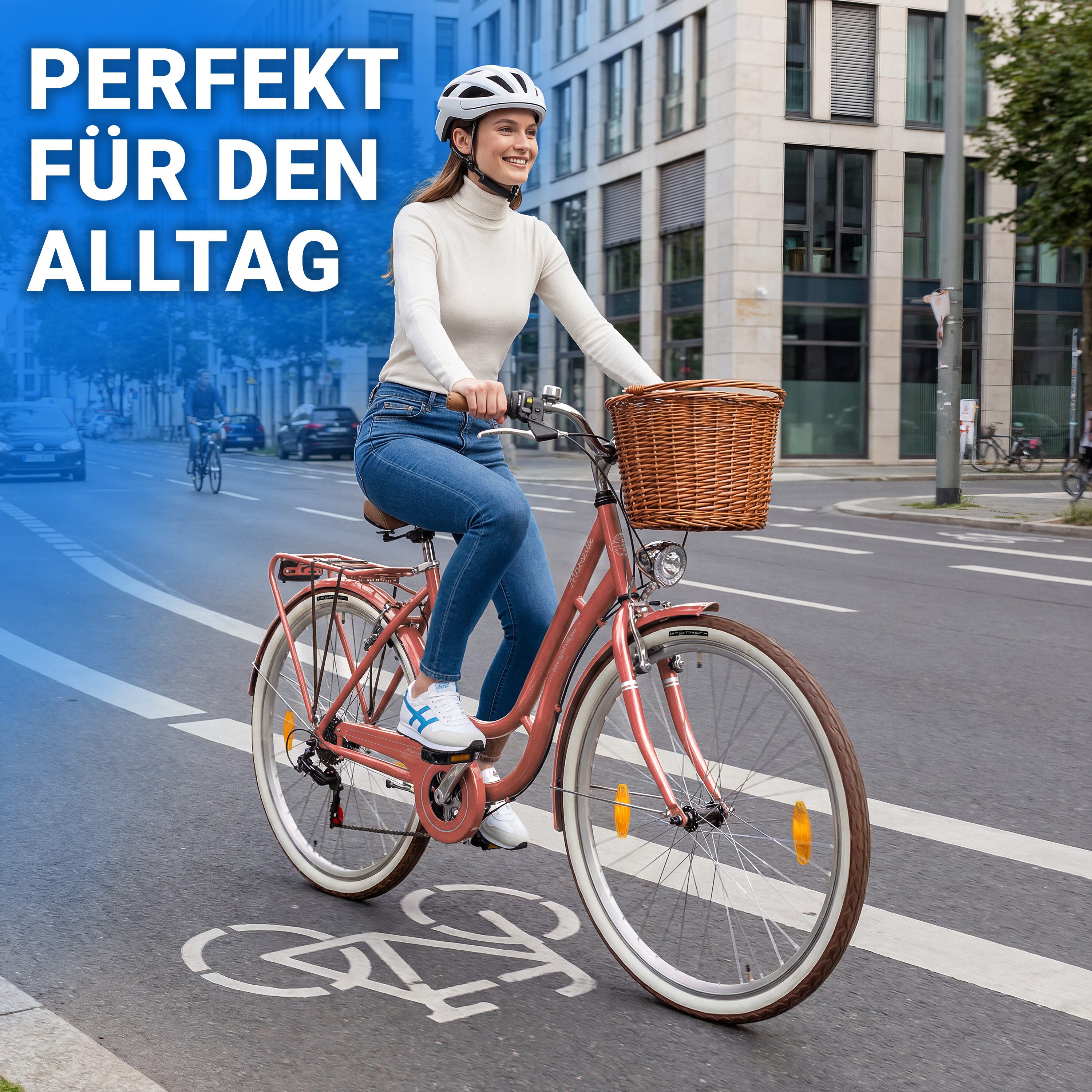 bergsteiger Cityrad Marseille 26 Zoll, 28 Zoll Damenfahrrad, ab 150 cm, Korb aus Rattan, 6 Gang, Kettenschaltung, V-Bremsen – Bild 4 von 5