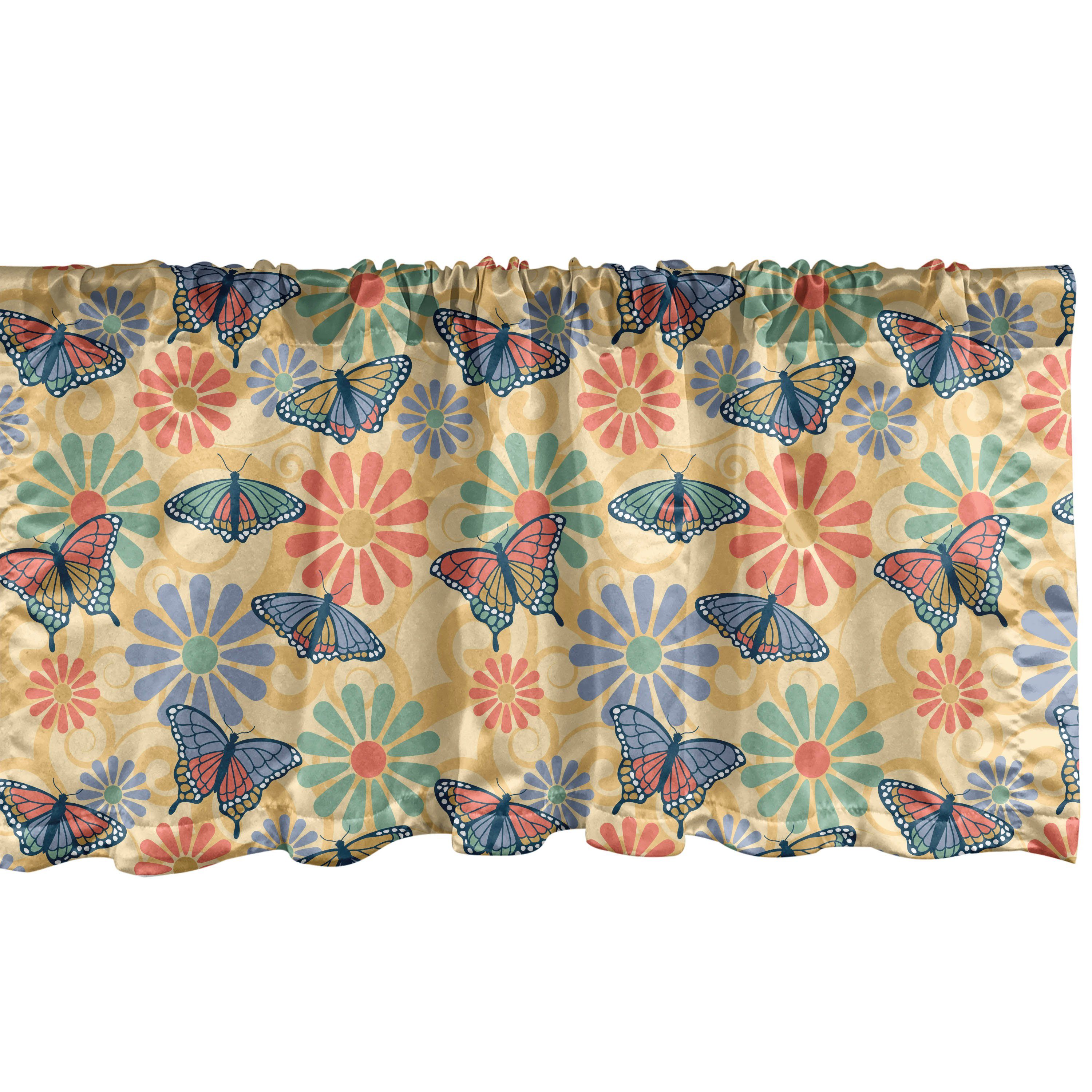 Scheibengardine Vorhang Volant für Küche Schlafzimmer Dekor mit Stangentasche, Abakuhaus, Microfaser, Motte Schmetterlinge um Blüten