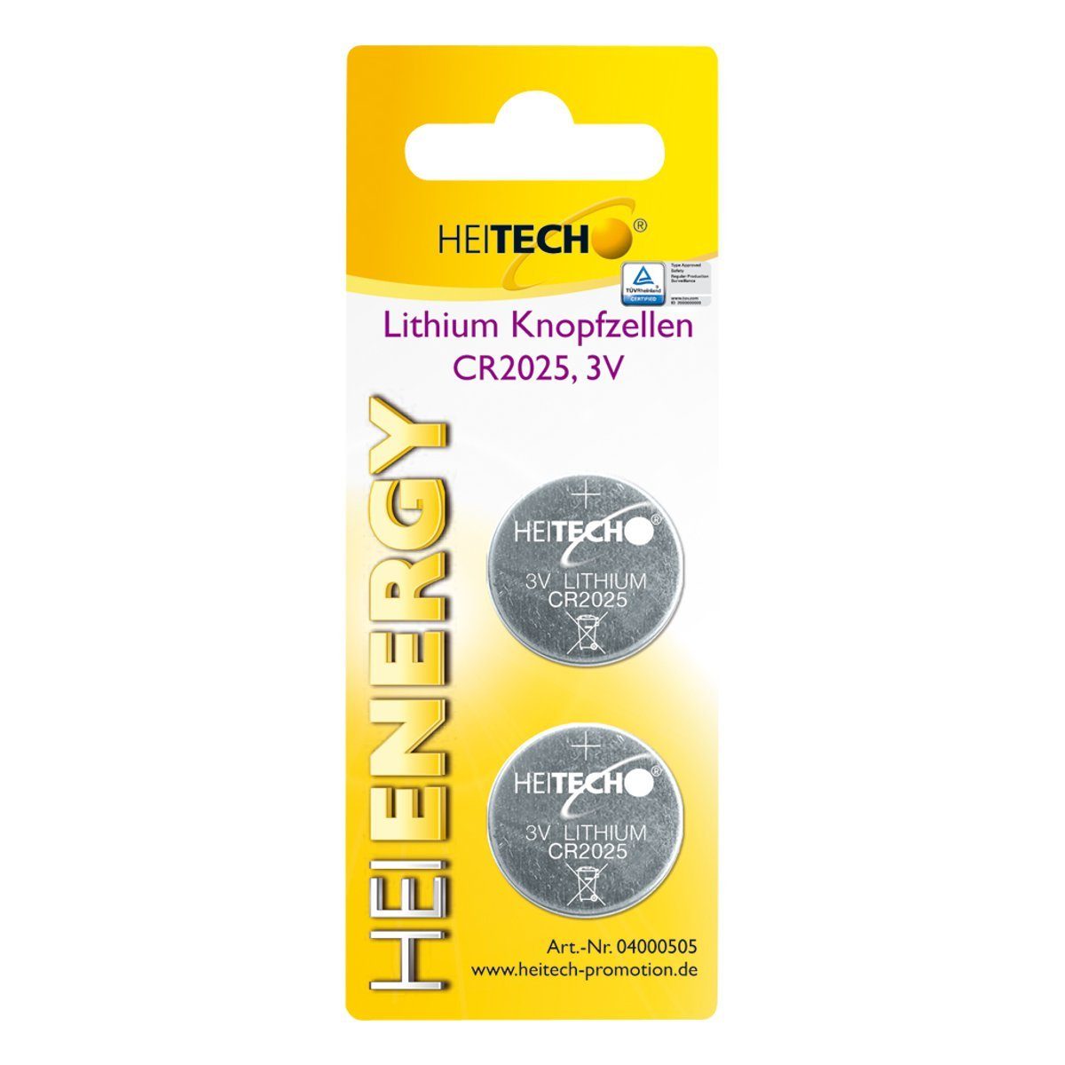 HEITECH Lithium Knopfzellen, 2-er Pack, CR2025, 150 mAh, 3 V Knopfzelle
