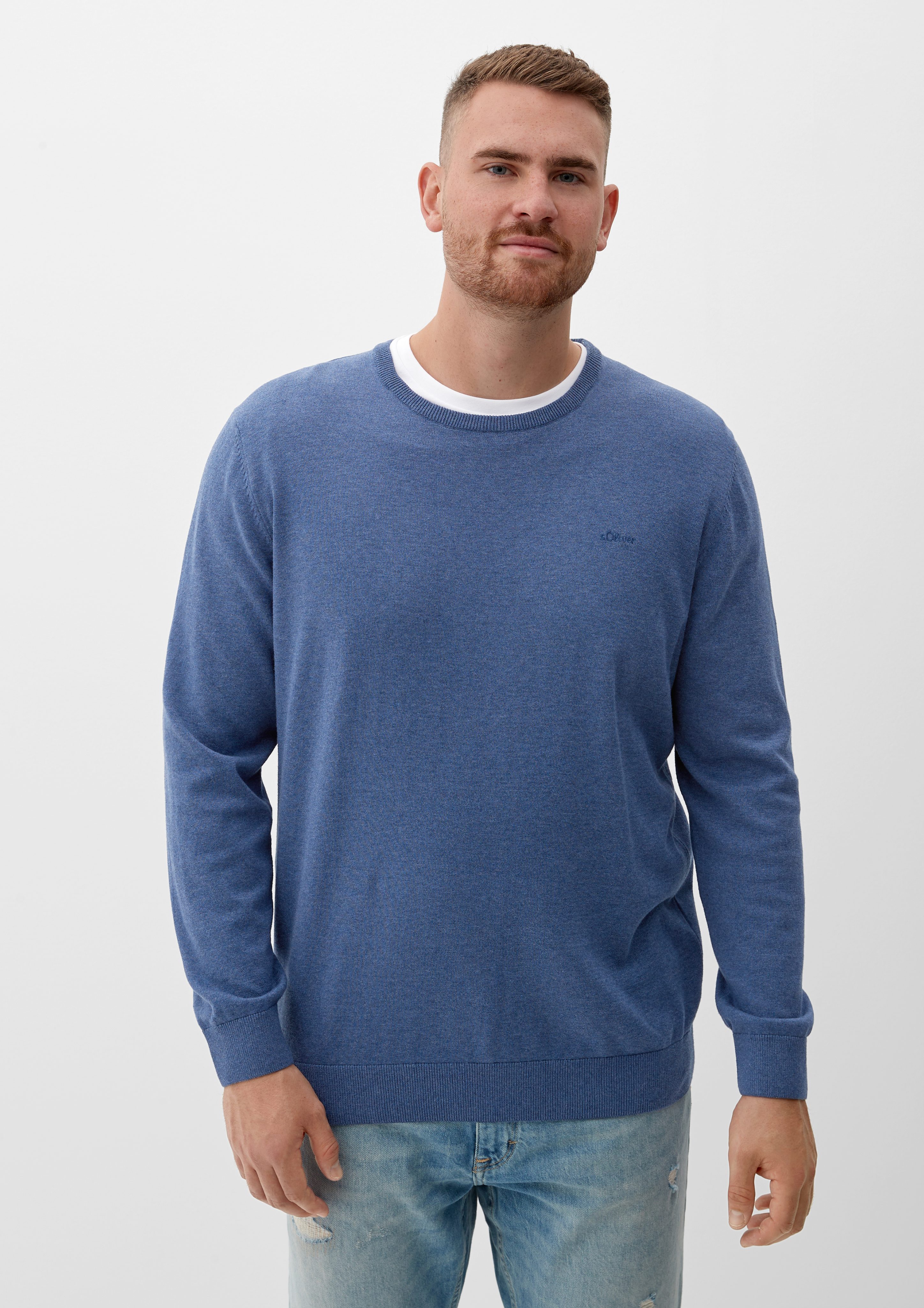 s.Oliver Strickpullover Pullover aus Feinstrick Logo dunkelblau meliert