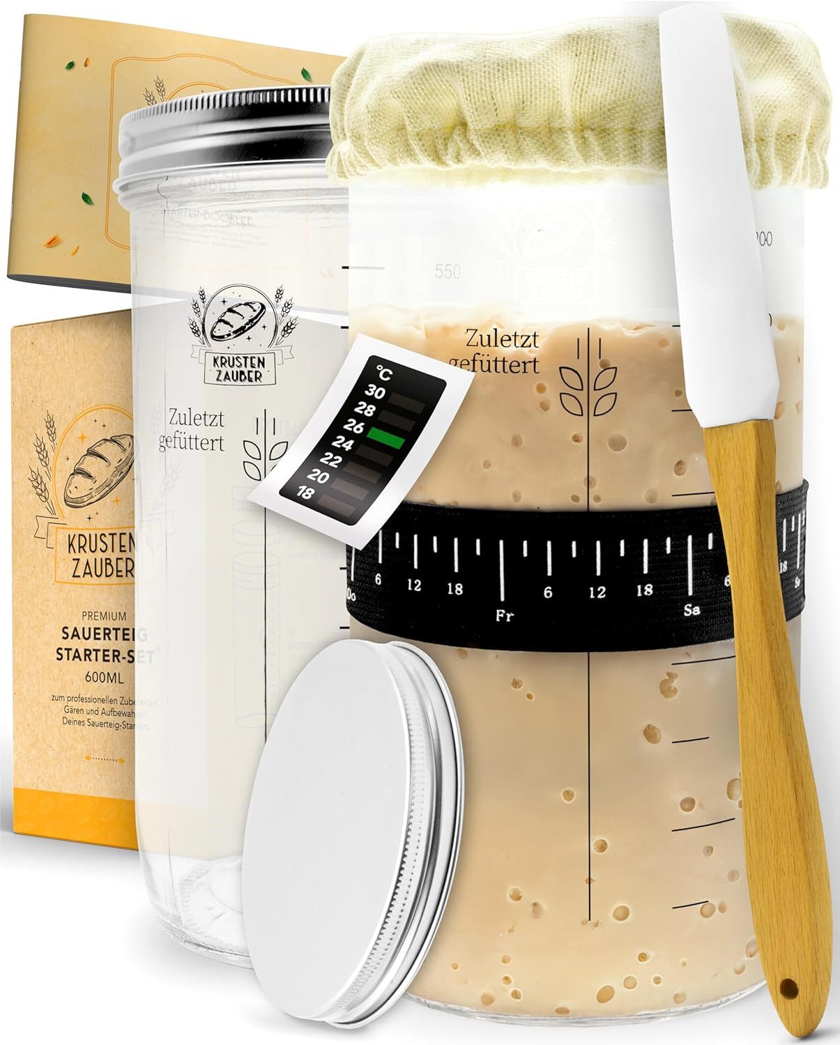 Krustenzauber Fermentationsglas Brotbackform Sauerteig Starter Set - Gärglas mit Spatel u. Thermometer, (2-tlg)