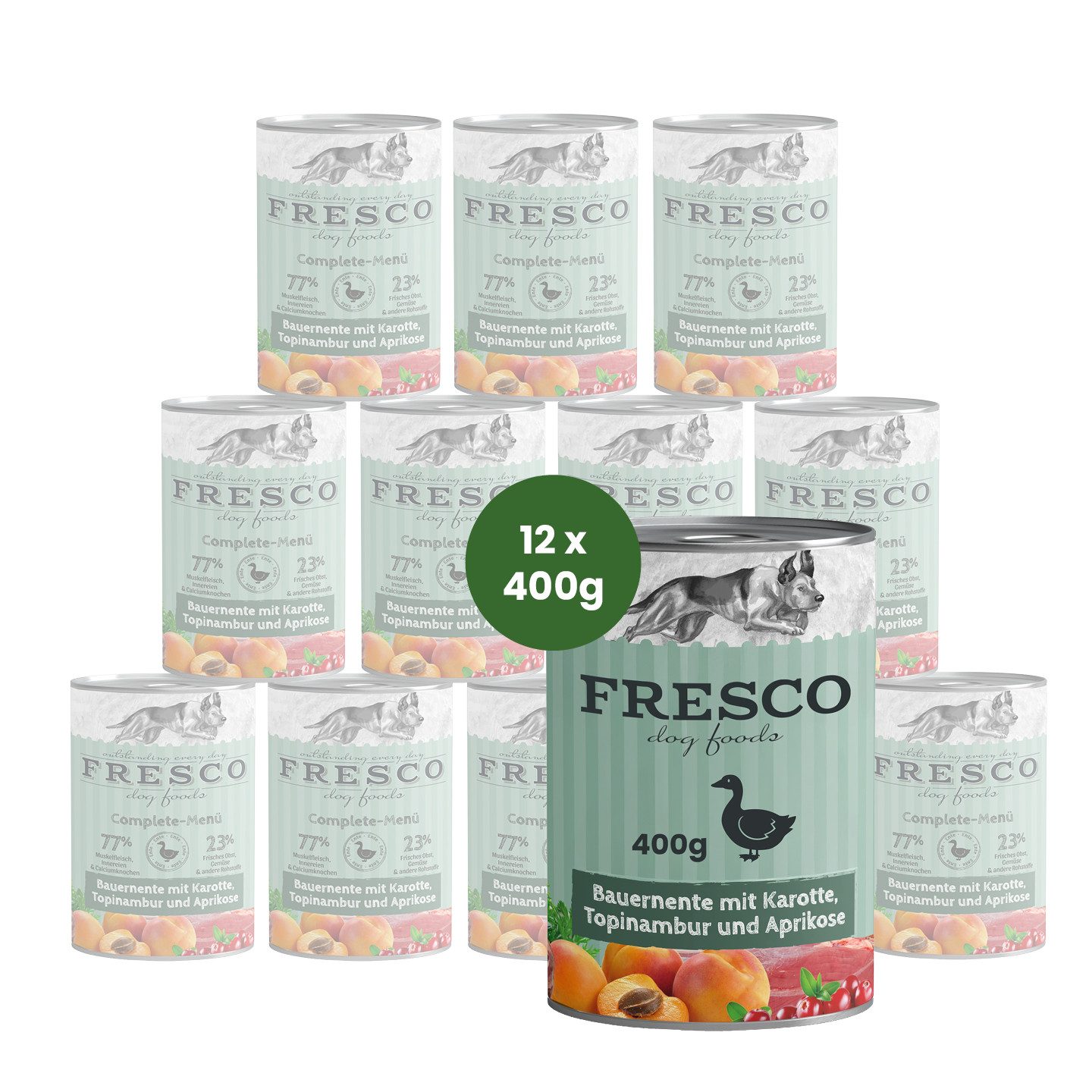 Fresco Dog NassBarf Premium Hundefutter 12x400g, Bauernente mit Karotten &Topinambur, Nassfutter für: Hunde, Getreidefrei, zuckerfrei & hochverträglich