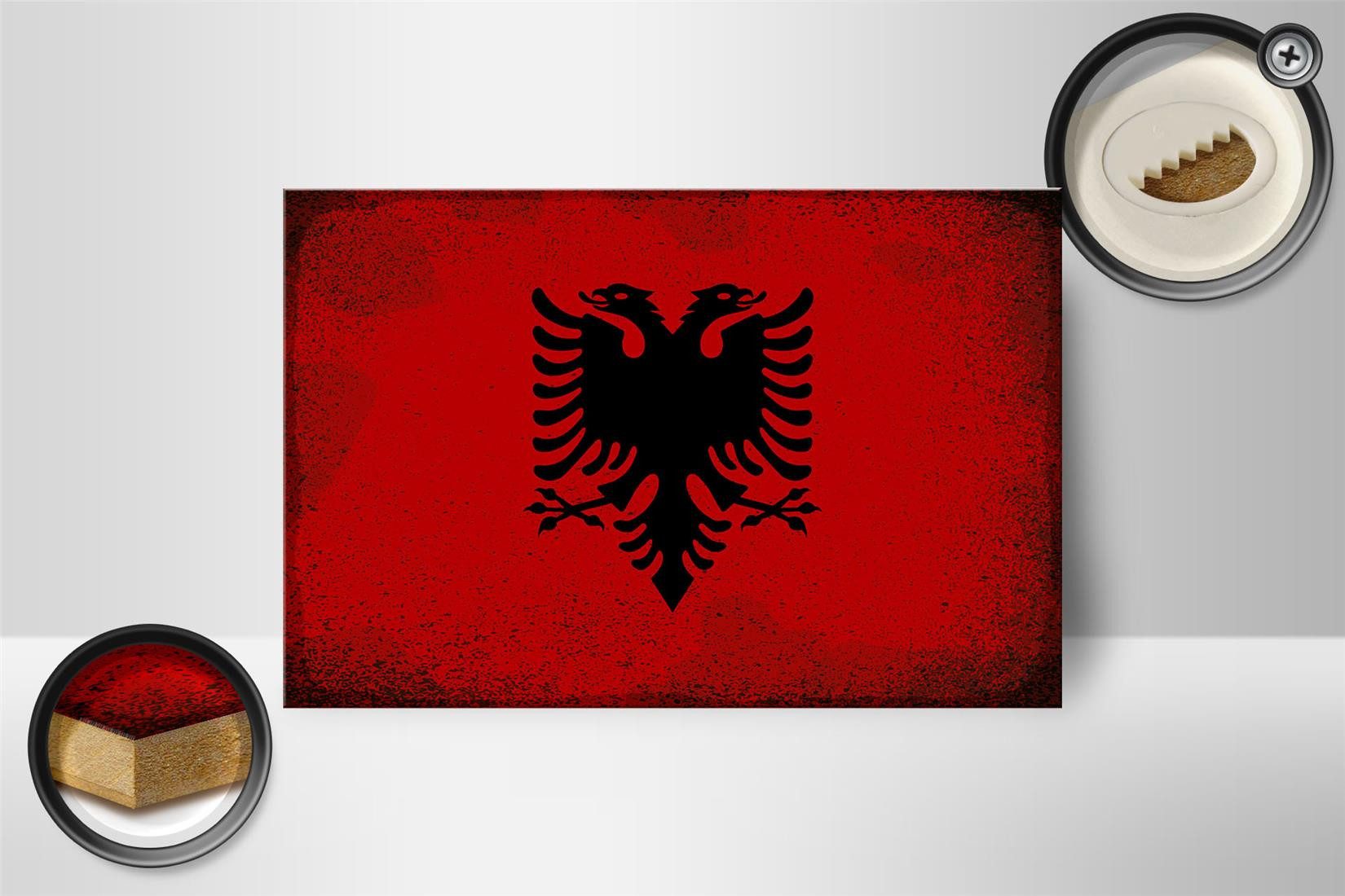 Femer GmbH Holzbild Flagge Albanien 18x12 cm Flag Albania Vintage, Flaggen (1 St), Glatte Holzfaserplatte (MDF), vorn beschichtet