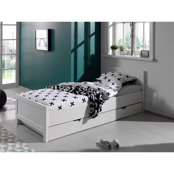 Lomadox Einzelbett CANNES-12, Jugendzimmerbett mit Bettschublade in weiß lackiert, : 96/77/208 cm