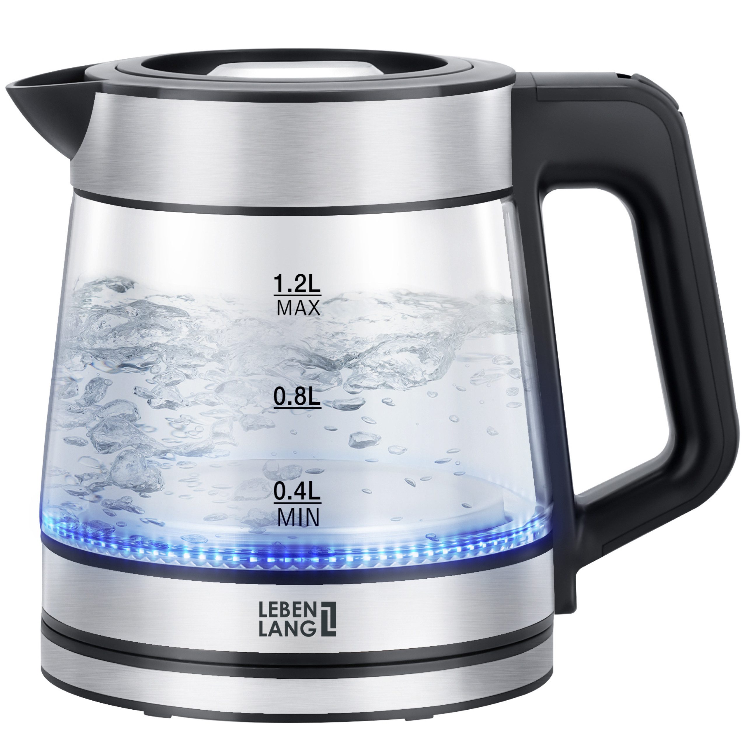 Lebenlang Wasserkocher Elektrischer Glas-Wasserkocher 1,2 l, 1500 W – schnell & kompakt, 1500 W, Energieeffizient – Flexibler 360°-Sockel – Platzsparend – 50 cm Kabel