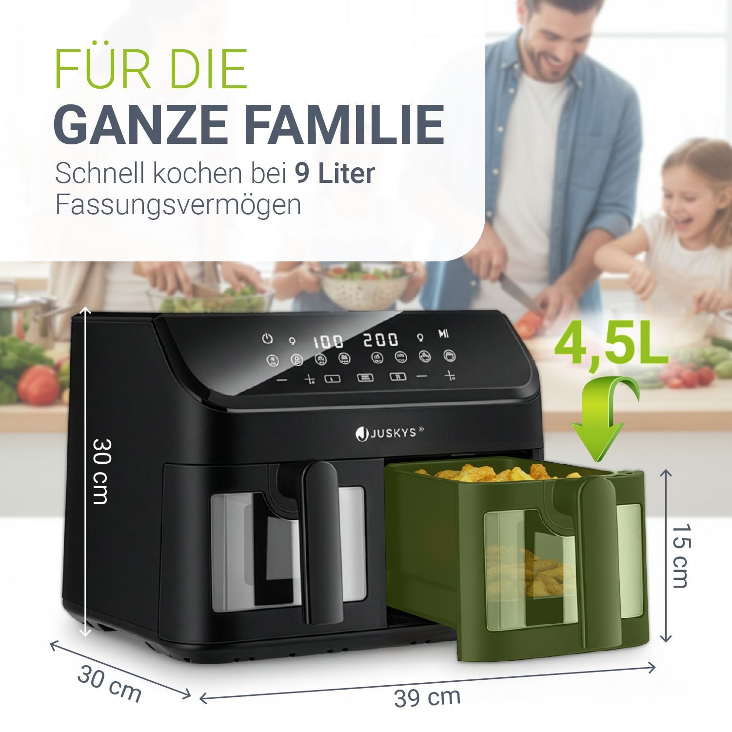 Juskys Heißluftfritteuse, 1800 W, mit 2 Kammern, Smart Finish und 9 Programmen - Antihaftbeschichtung