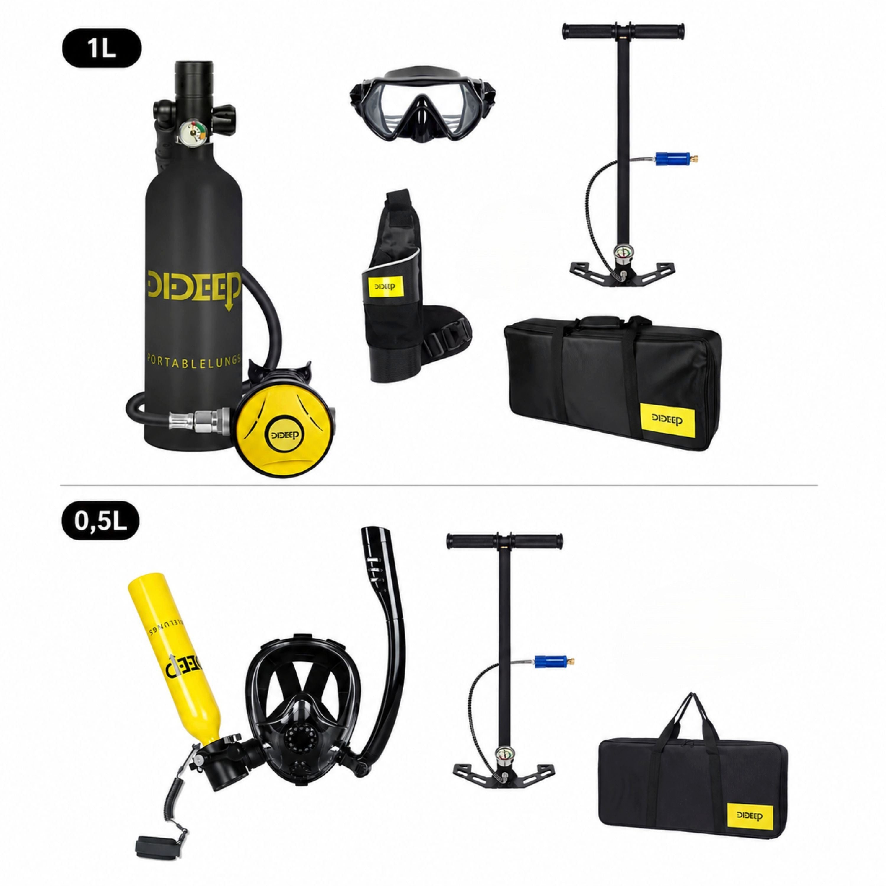 Sport-Knight® Tauchset Premium Mini-Tauchgerät 0,5 oder 1L, Tauchflasche, Tauchmaske, Pumpe