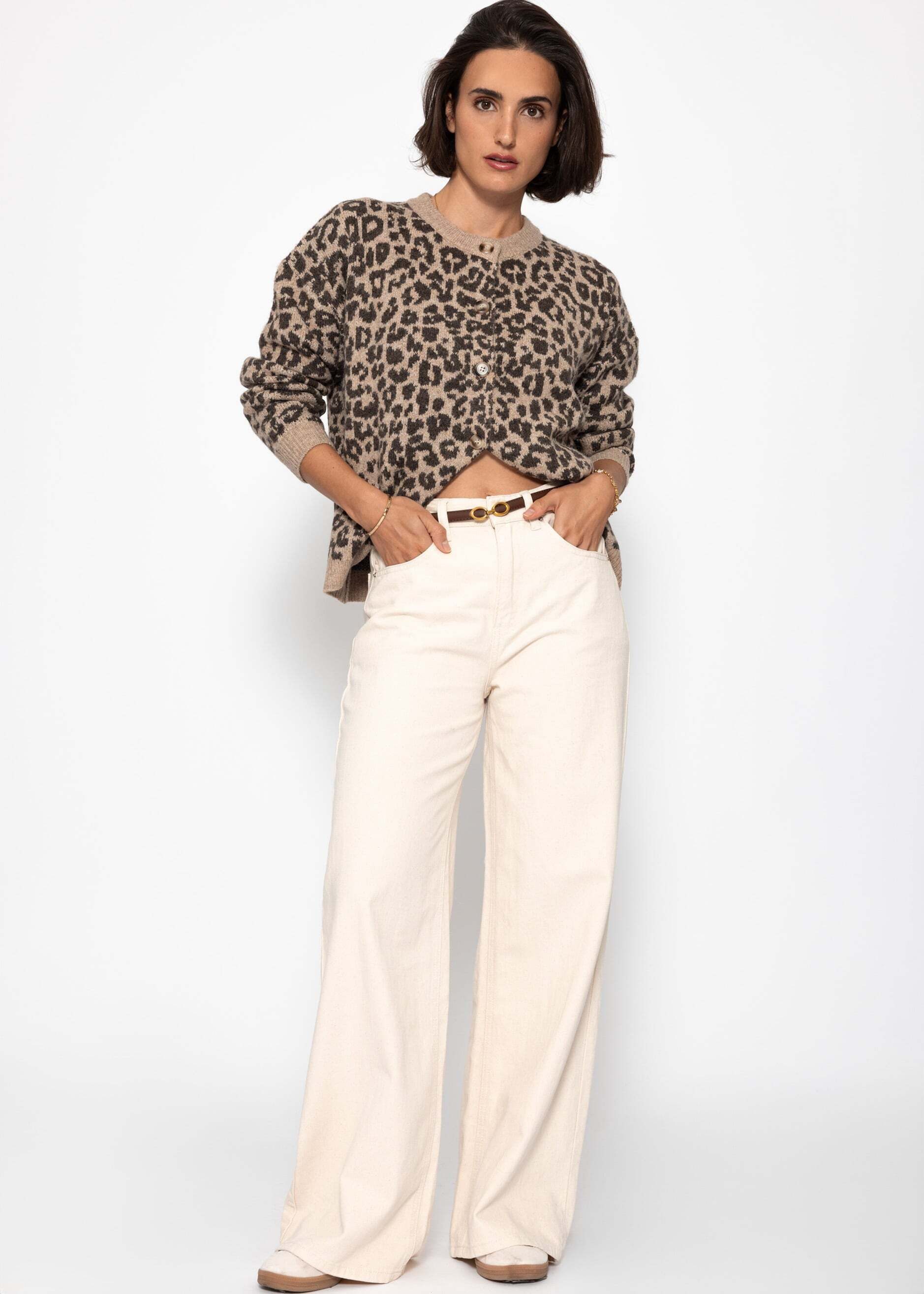 SASSYCLASSY Cardigan Oversize Strickjacke Damen mit Leo-Muster Cardigan mit Wollanteil mit Leopardenmuster Grau Schwarz Beige Braun