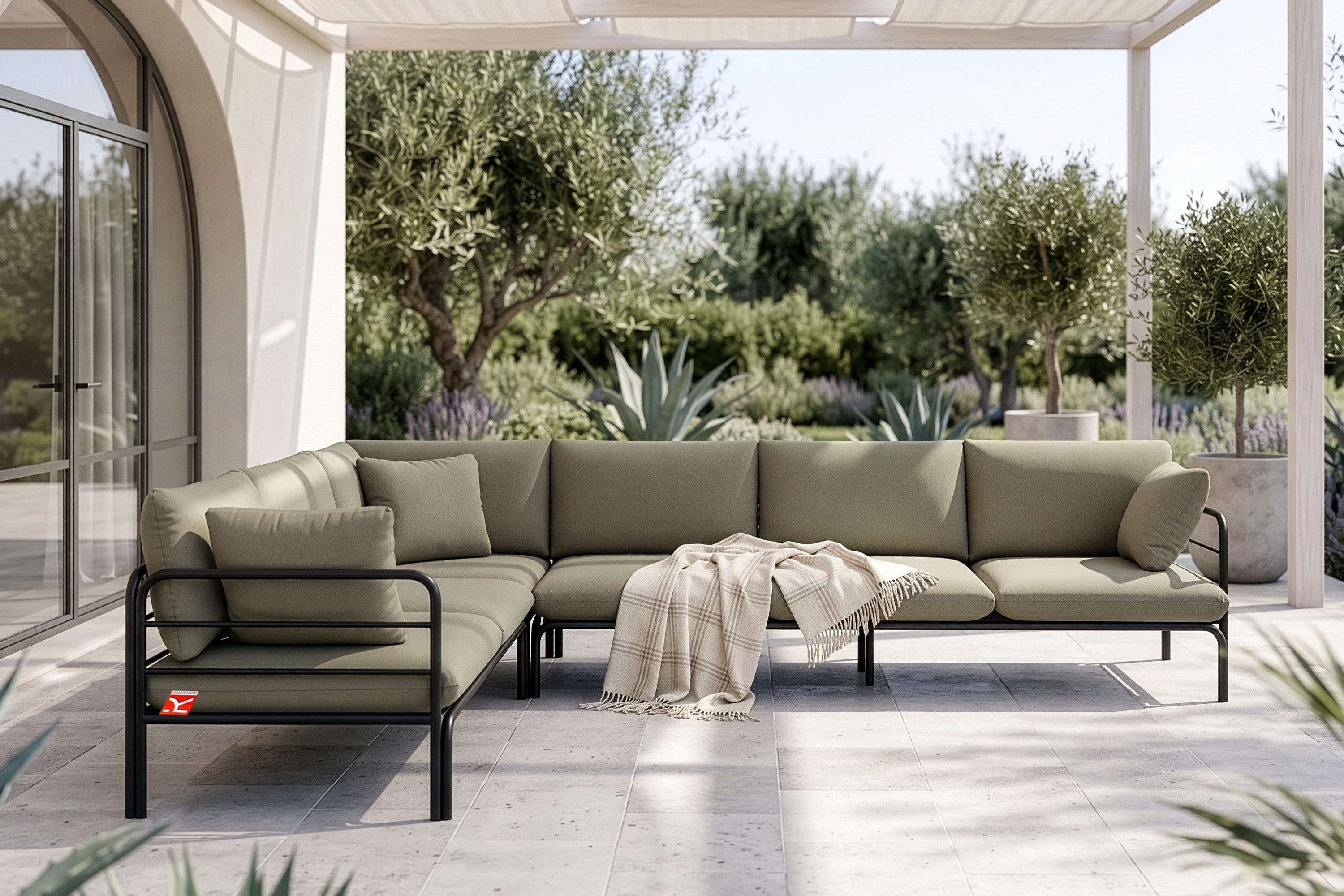 KONSIMO® Loungesofa RAMBE Ecksofa, Gartensofa, links oder rechts, hergestellt in der EU, mit Zierkissen, Gewicht: 80 kg