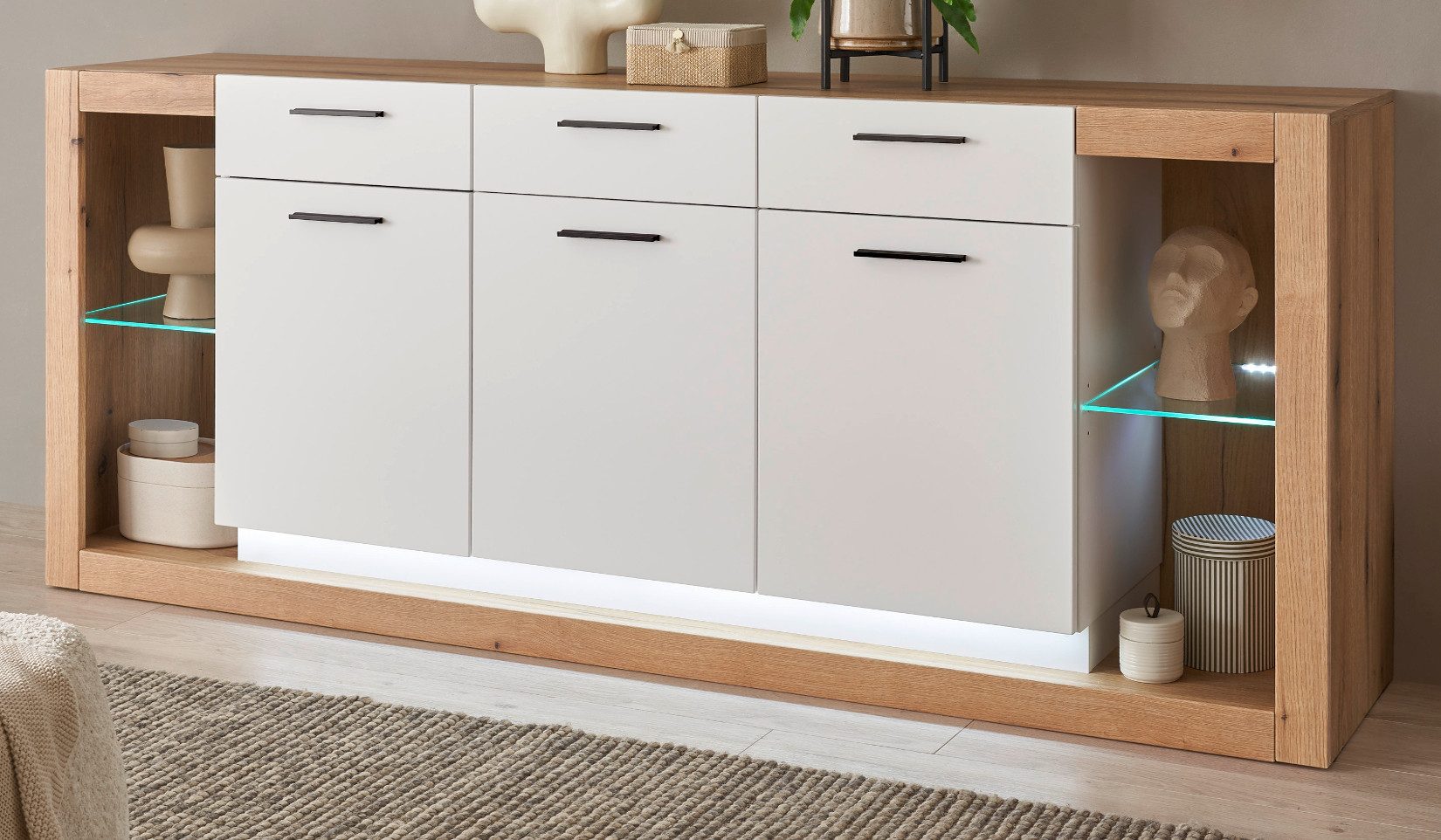 Furn.Design Sideboard Rivian (große Anrichte in Eiche Dekor und weiß matt, 198 x 83 cm), 3 Schubladen, 10 Fächer