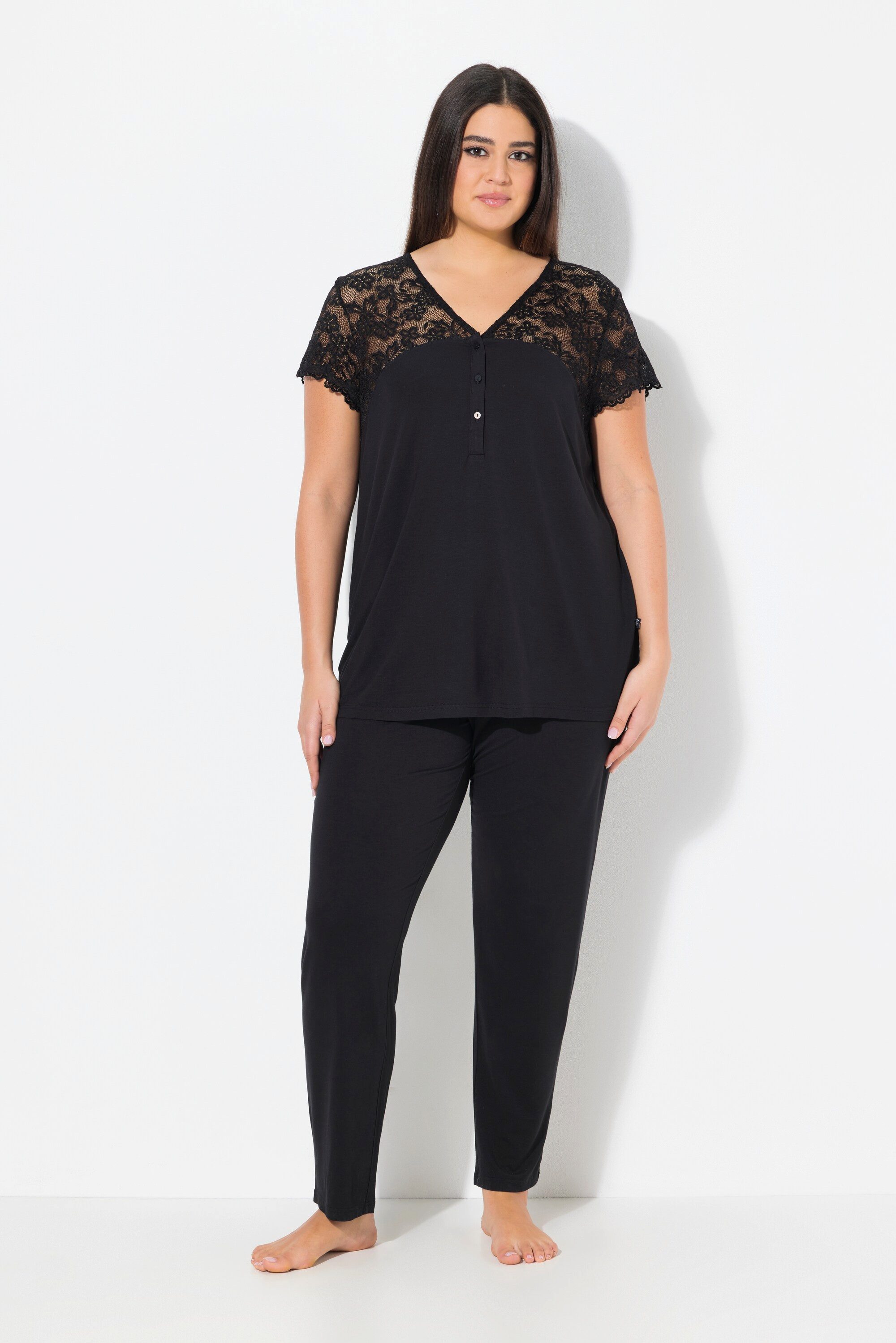Ulla Popken Pyjama Pyjama Spitze V-Ausschnitt Spitzen-Halbarm günstig online kaufen