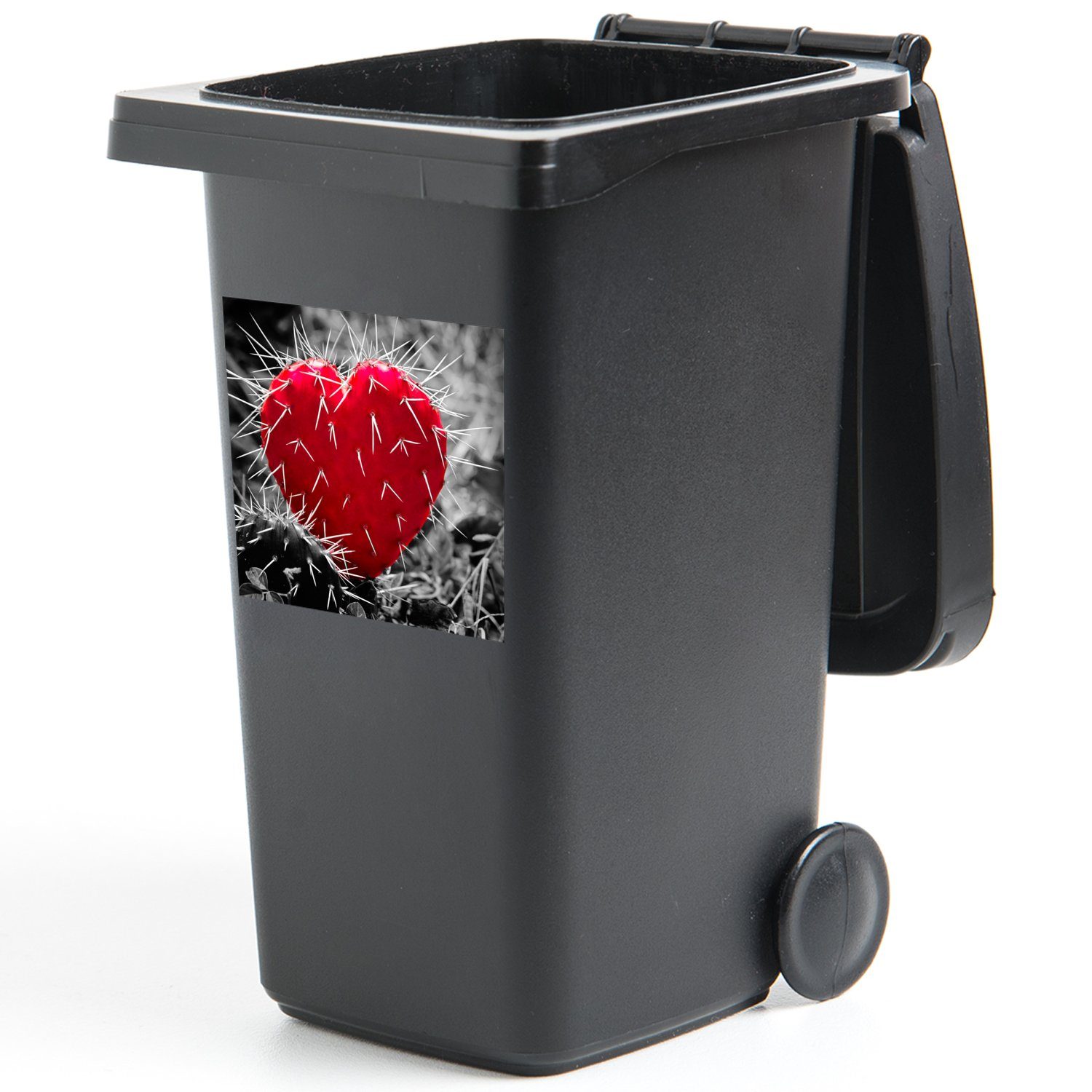 Container, mit einem St), Schwarz-Weiß-Foto Mülleimer-aufkleber, Wandsticker Sticker, roten Kaktus (1 herzförmigen Abfalbehälter Mülltonne, MuchoWow