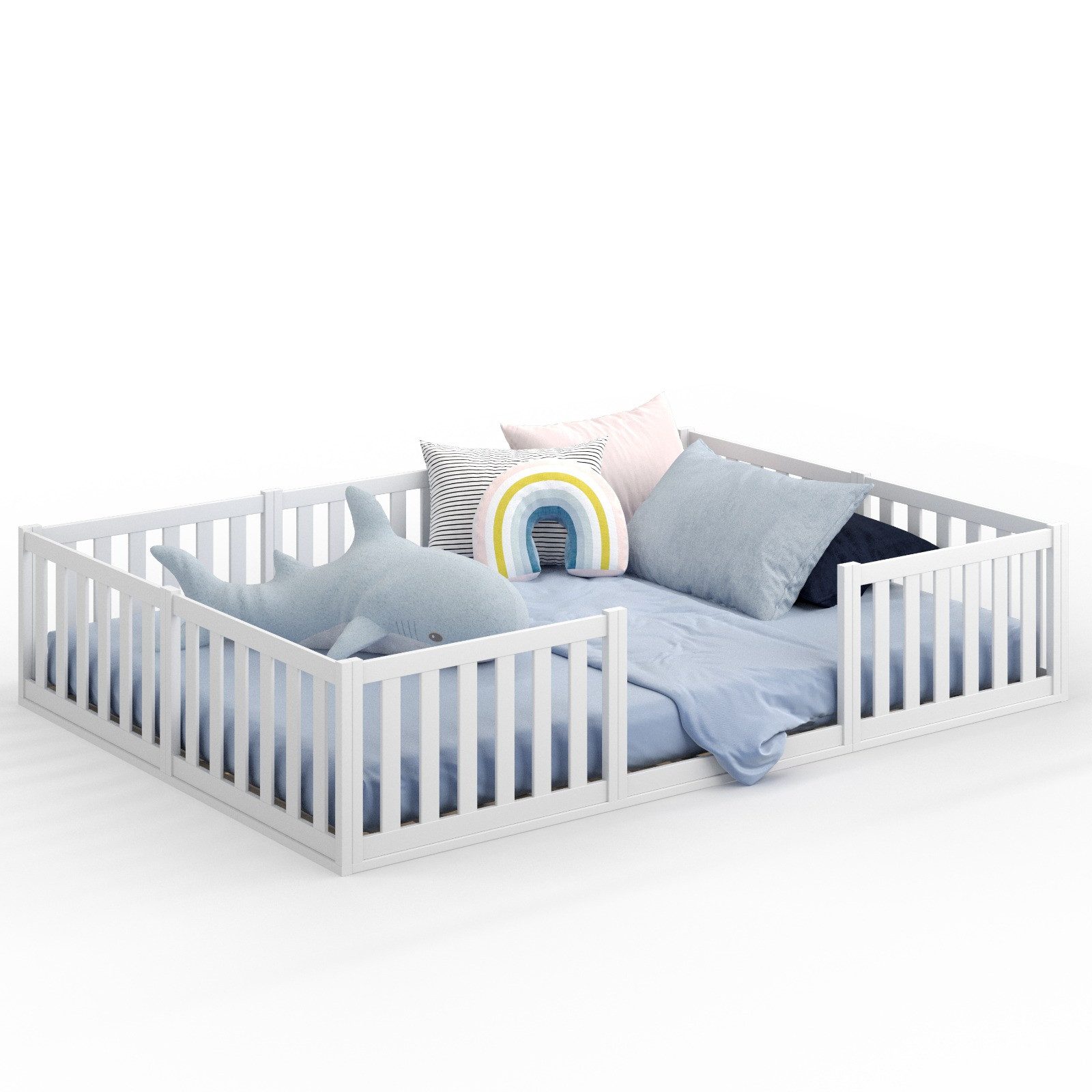 CADANI Kinderbett Teso Bodenbett weiß (flexibler Rausfallschutz), integrierter Lattenrost