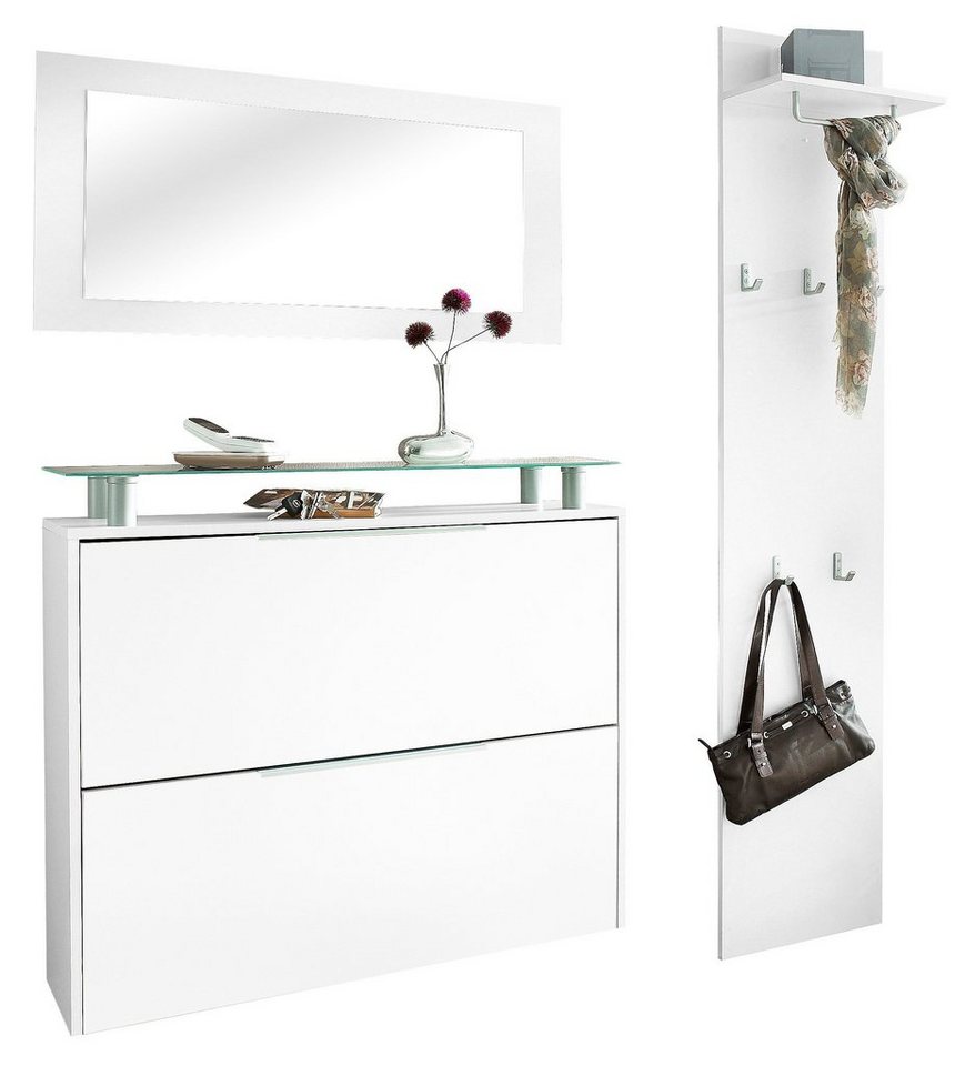 borchardt Möbel Garderoben-Set Rena mit Schuhschrank, Paneel und Spiegel, (3-St), Zur hängenden Montage. Mit Metallgriffen, Kleiderstange und Glasboden.