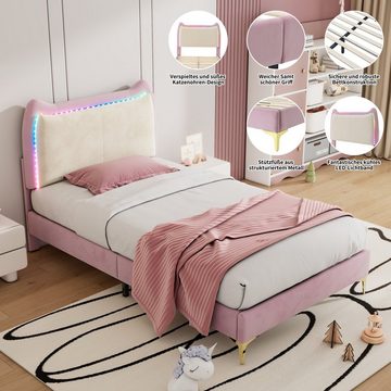 Ulife Kinderbett Polsterbett Einzelbett mit Kopfteil in Form eines Tierohrs, mit mehrfarbigen wechselnden LED-Streifen, 90x200cm