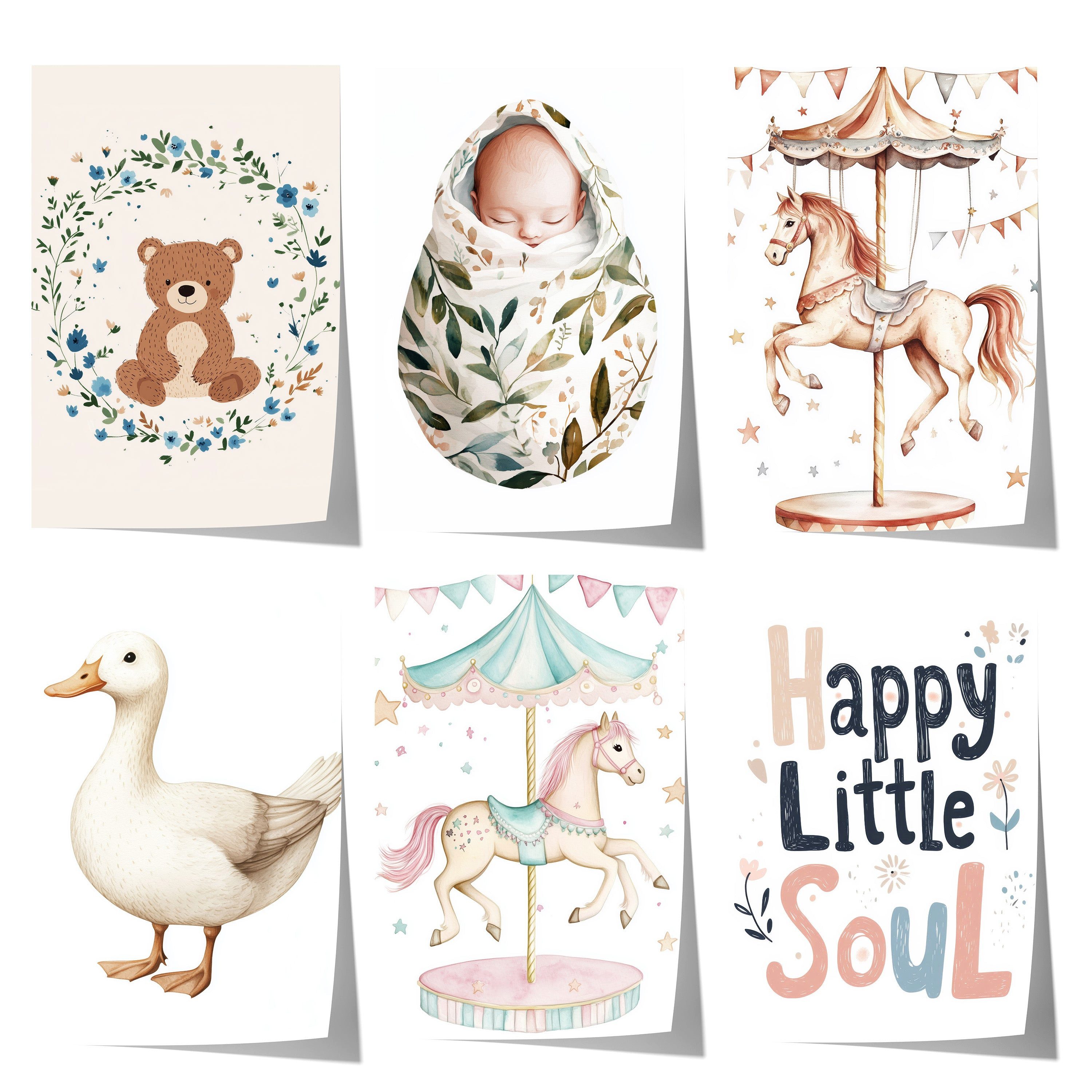 JUSTGOODMOOD Poster Babyzimmer Geschenkidee Aquarell mit Karussellpferd und Teddybär Kinde, C (1 St)