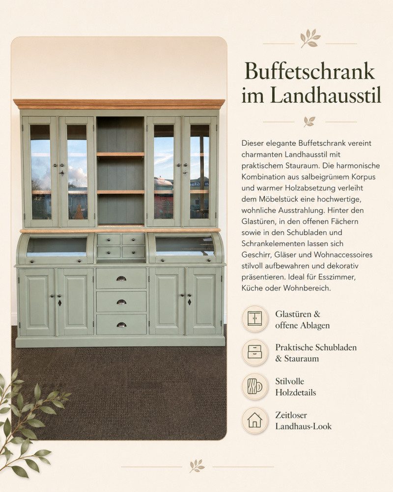 Wohnpalast Buffet Buffet Schrank Berlin 200cm Graugrün/Eiche - Landhaus Möbel
