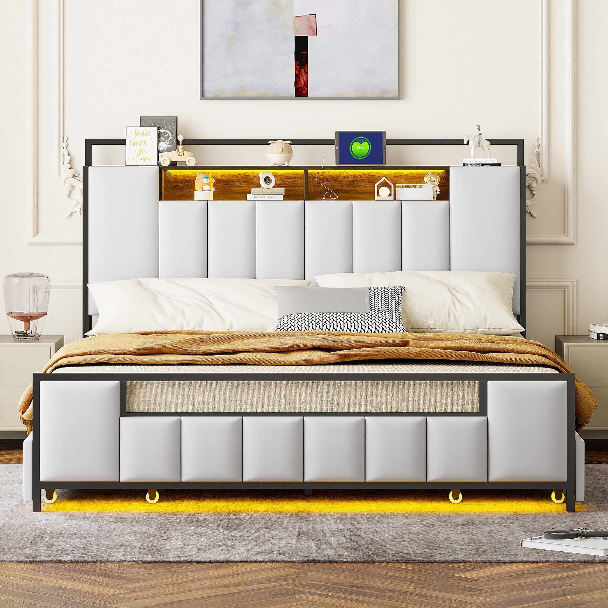 Flieks Metallbett, LED Polsterbett 160x200cm mit USB-Aufladen und 4 Schubla günstig online kaufen