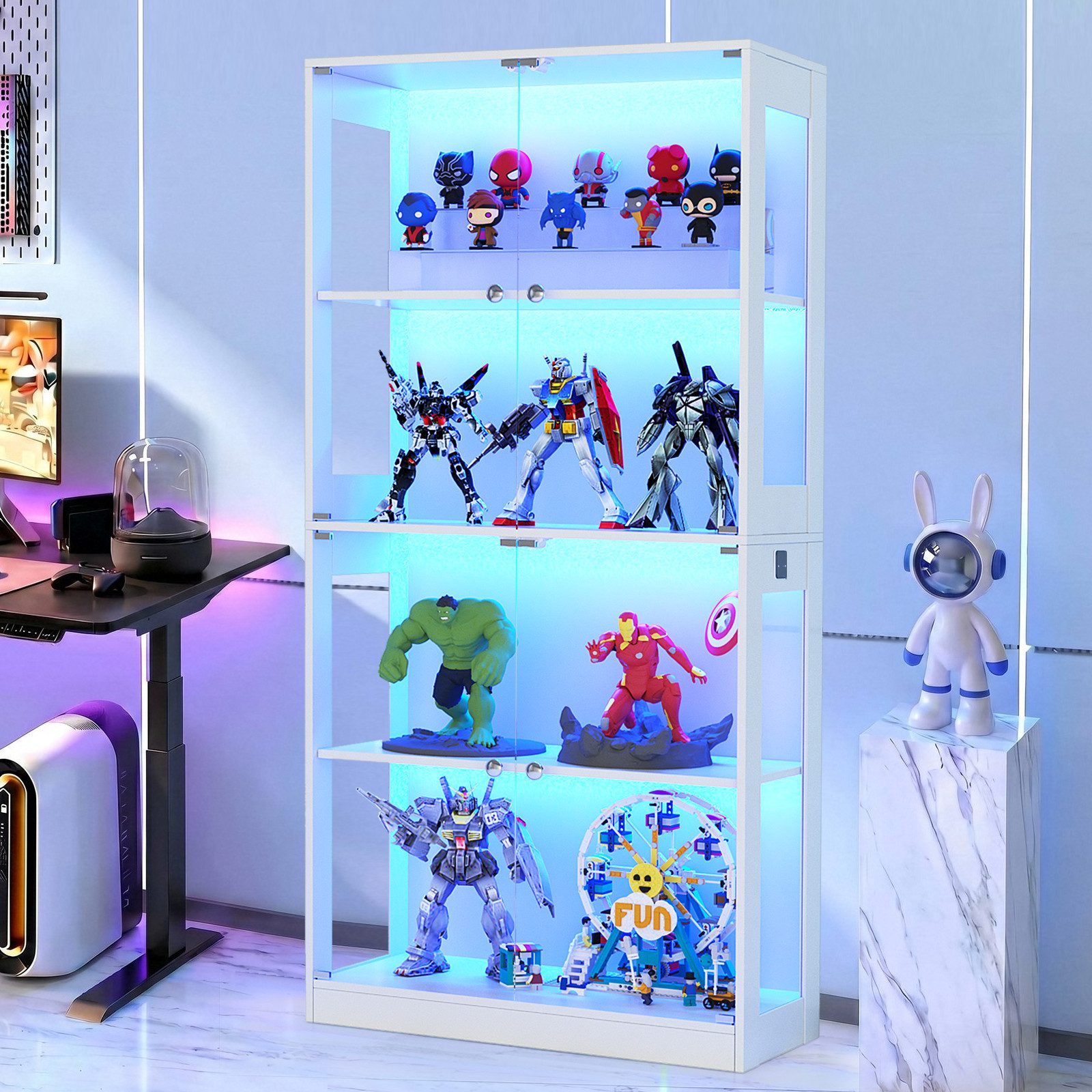 VOWNER Glasvitrine mit 3-Farben-LED-Beleuchtung, Vitrine für Spielzeug/Bücher/Deko (1-St) 360°-Sicht, Explosionssichere Tür, 4 Regale, 80x165x35 cm