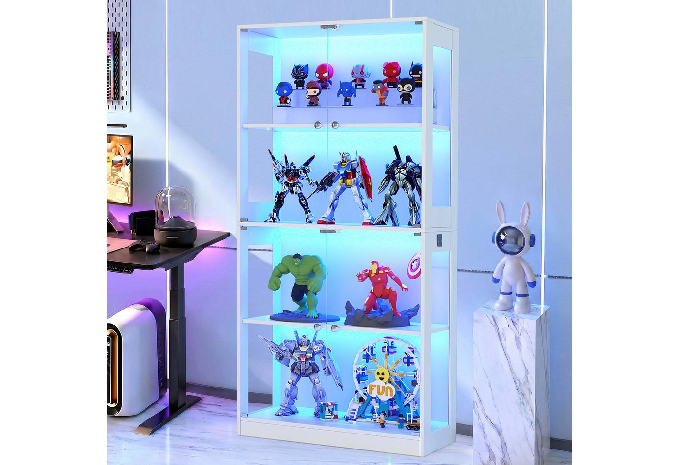 VOWNER Glasvitrine mit 3-Farben-LED-Beleuchtung, Vitrine für Spielzeug/Bücher/Deko (1-St) 360°-Sicht, Explosionssichere Tür, 4 Regale, 80x165x35 cm