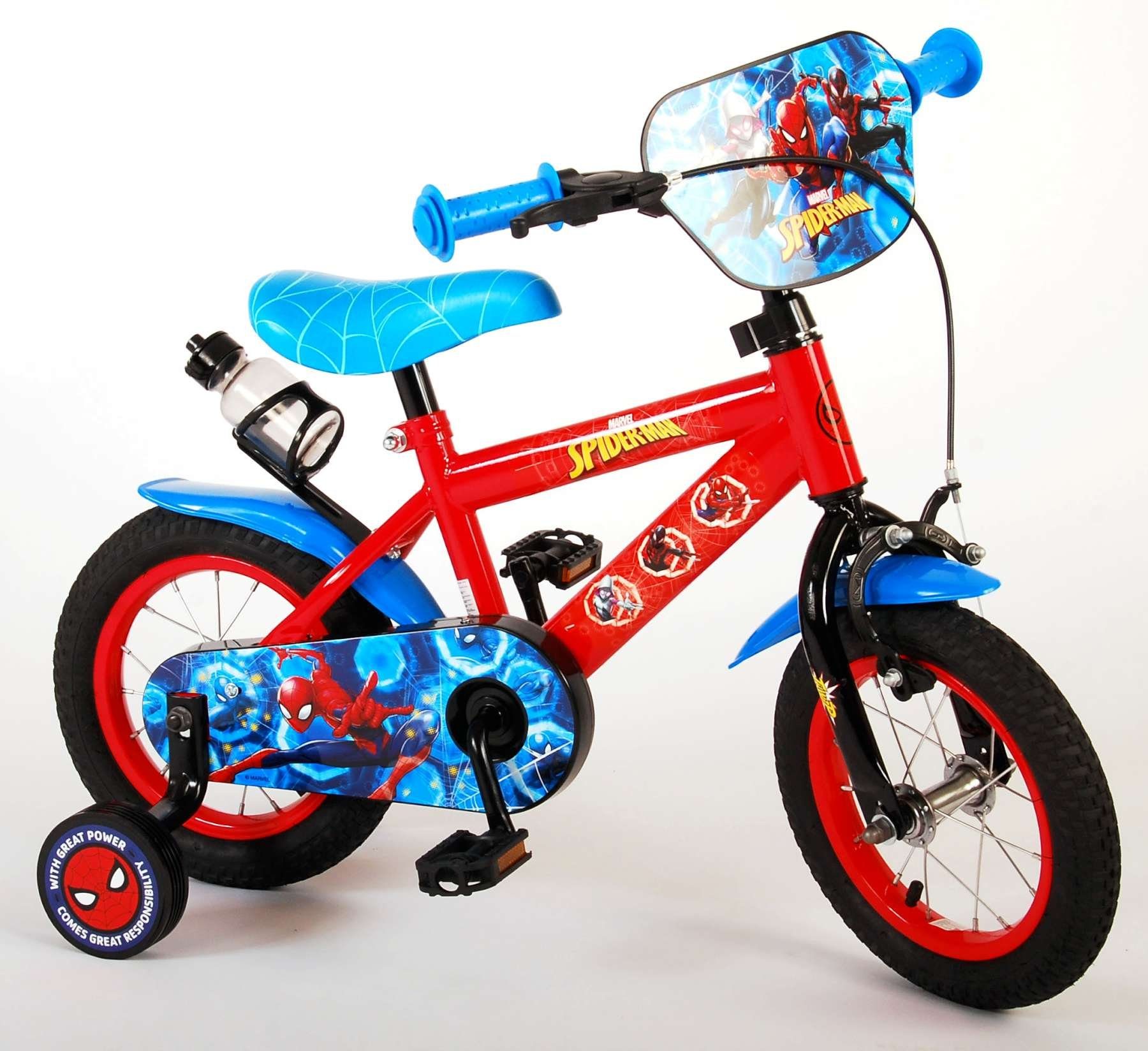 Spiderman Kinderfahrrad Jungen - 12, 14 oder 16 Zoll - Blau/Rot - Zwei Handbremsen bis 60 kg, 85% zusammengebaut, 3 - 6 Jahre, Luftbereifung Rot/Blau