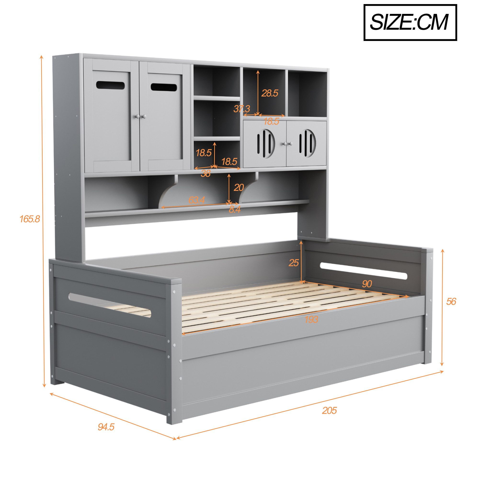 Merax Daybett (Kieferholz Sofabett Schlafsofa Jugendbett Kinderbett Einzelbett Schrankbett, 1 tlg), Tagesbett 90x200cm mit hydraulischem Stauraum, Schrank & Reg – Bild 4 von 5