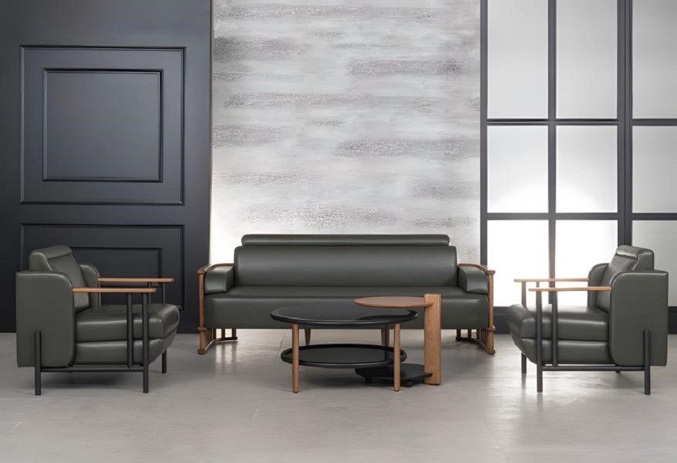 JVmoebel Polstergarnitur Designer Büro Arbeit Zimmer Set Schwarz Modern Komplett Leder Set, (4-tlg., 5 tlg.BÜRO SET (3-SITZER SOFA+2 SESSEL+COUCHTISCH), Made in Europa