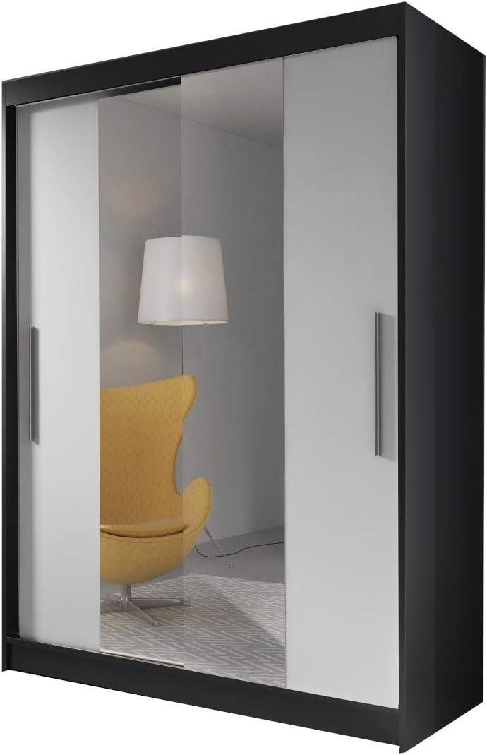 MOEBLO Kleiderschrank LARA 01 (mit Spiegel Schwebetürenschrank 2-türig Schrank mit vielen Einlegeböden und Kleiderstange, Gaderobe Schiebtüren Schlafzimmer-Wohnzimmerschrank Modern Design) (BxHxT): 150x200x61 cm Schwarz + Weiß