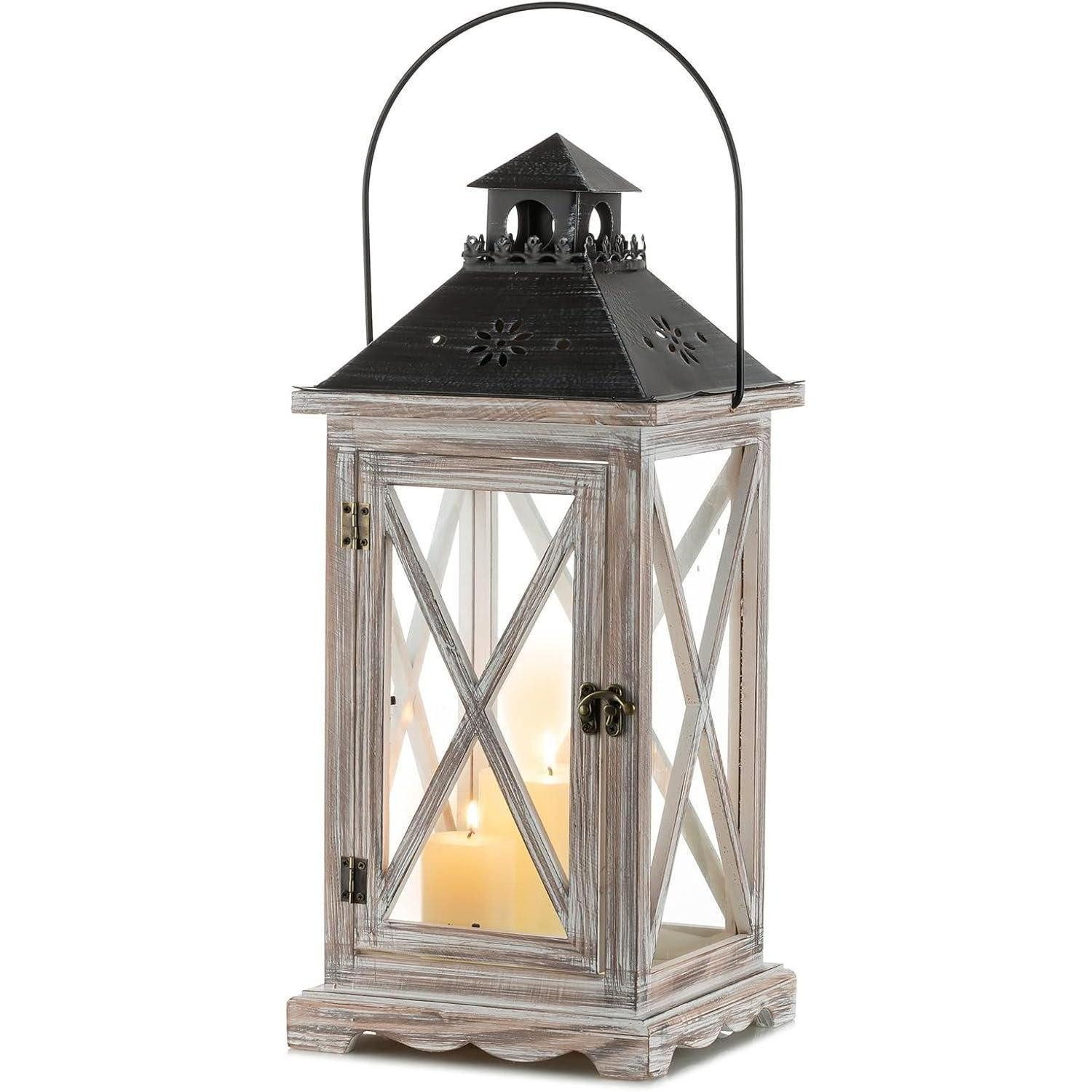 LuxusKollektion Kerzenlaterne Laterne Kerzenhalter Windlicht Holz Metall Hochzeit 48cm Antik Beige
