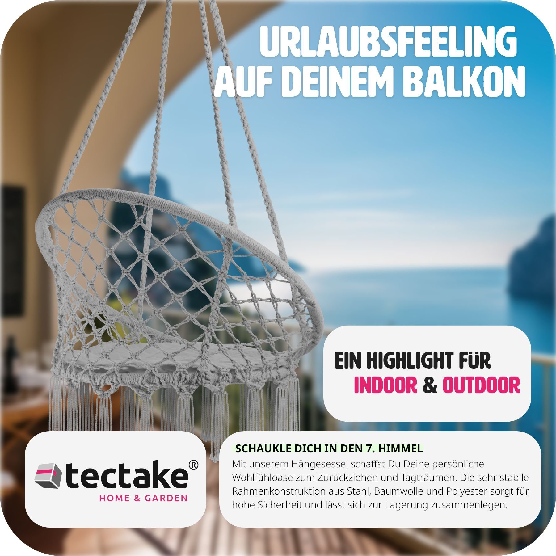 tectake Hängesessel Hängeschaukel mit Sitzpolster, Belastbarkeit 150 kg, 80 x 72 x 125 (Hängestuhl Jane, in Grau), stabil und strapazierfähig für Indoor und Outdoor
