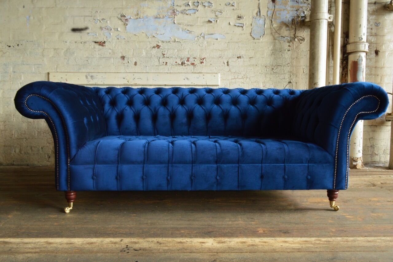 JVmoebel Chesterfield-Sofa Chesterfield Blau Textil Couch Klassische Sofa Sitz Polster Stoff, Die Rückenlehne mit Knöpfen.