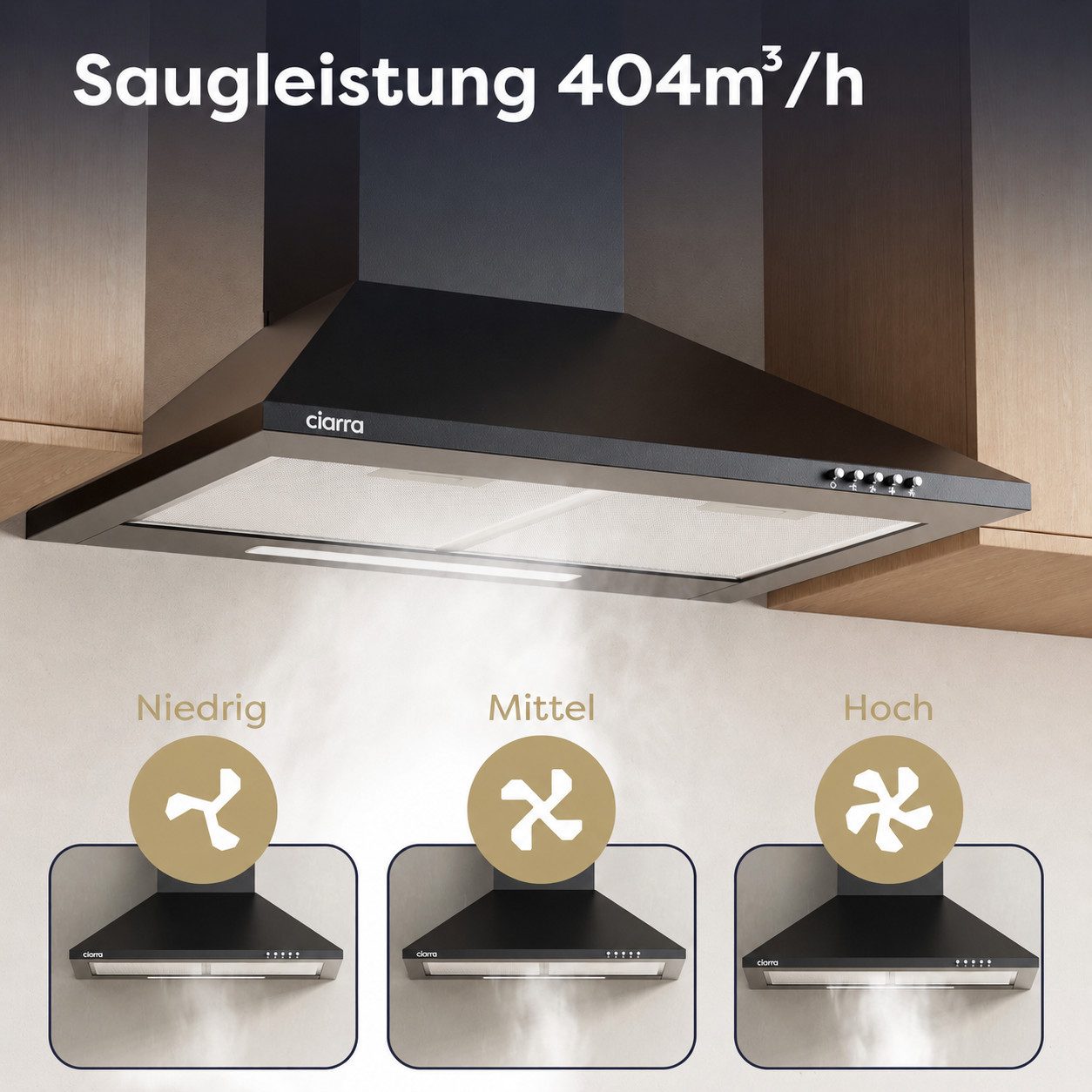 CIARRA Wandhaube 60 cm & 90 cm Dunstabzugshaube A++ 406 m³/h Umluft & Abluft 3 Stufen Serie CBCB6201 Dunstabzugshaube 60 cm 404 m³/h A++ Umluft & Abluft 3 Stufe – Bild 4 von 5