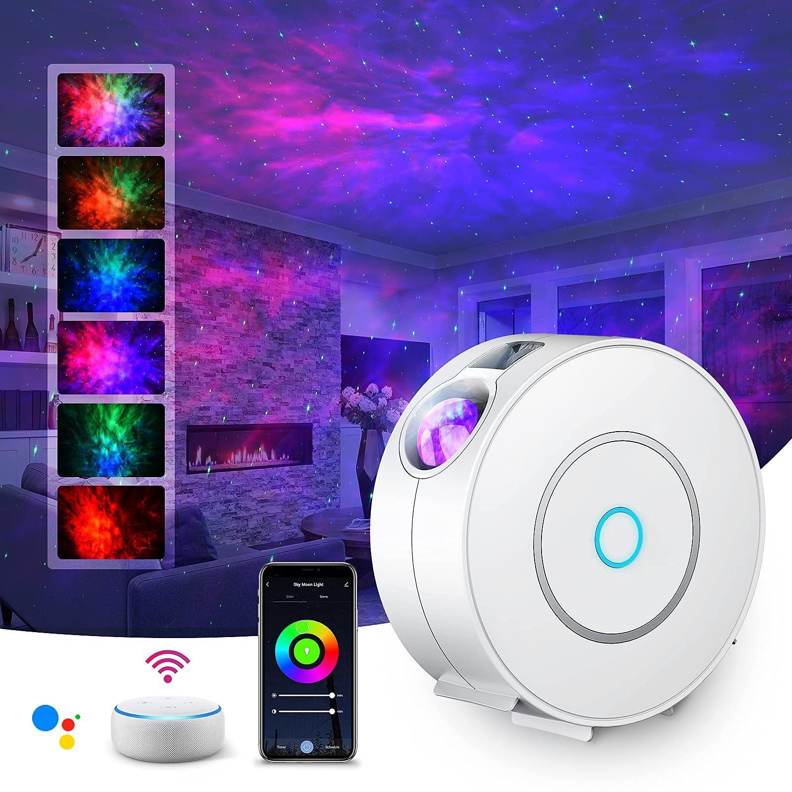 Ophy Projektionslampe WiFi LED Sternenhimmel Projektor mit RGB Dimming, LED fest integriert, dimmbare Projektionslampe für Kinderzimmer & Wohnzimmer