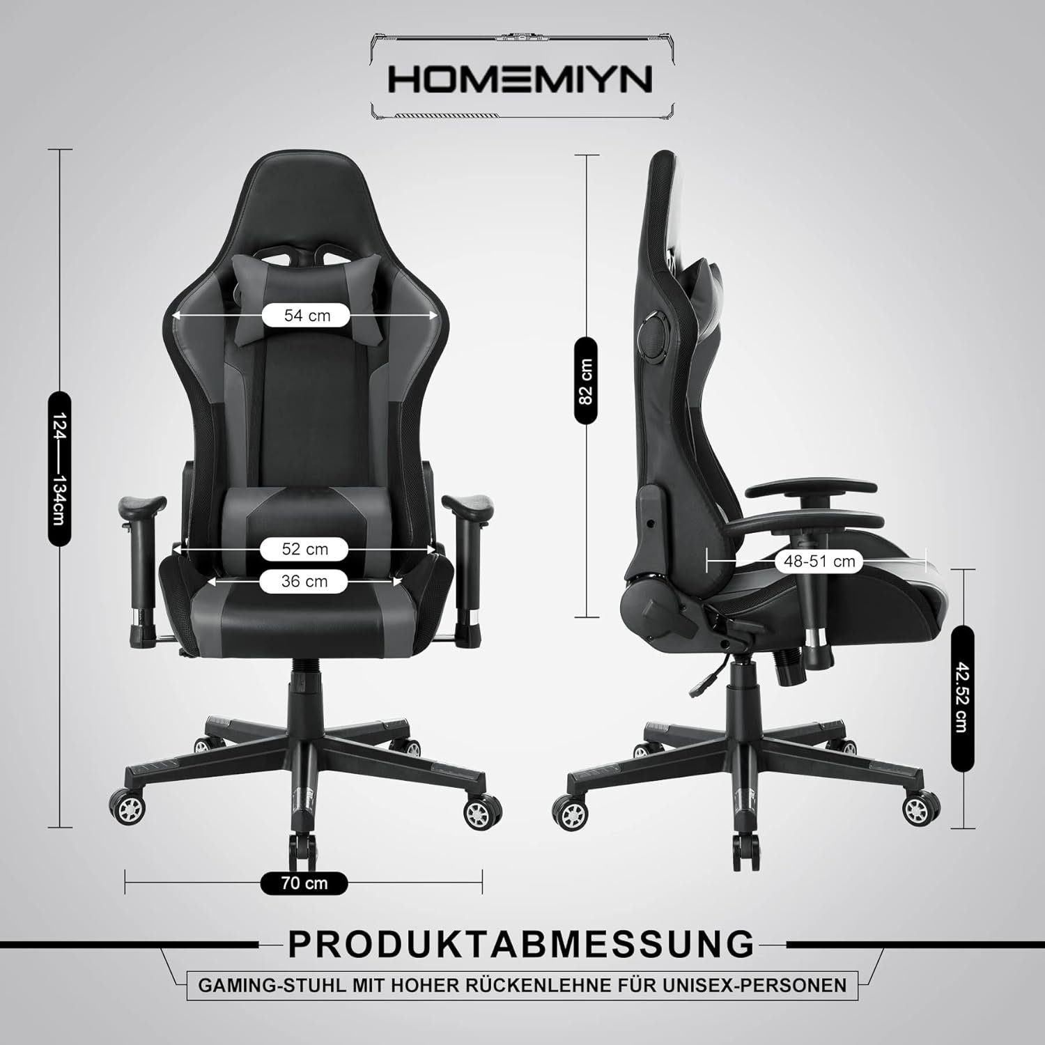 Stuhl Noir Bürostuhl Hoher Lautsprechern ergonomischer Gaming Chair Gaming Gris HomeMiYN LED-Leuchten