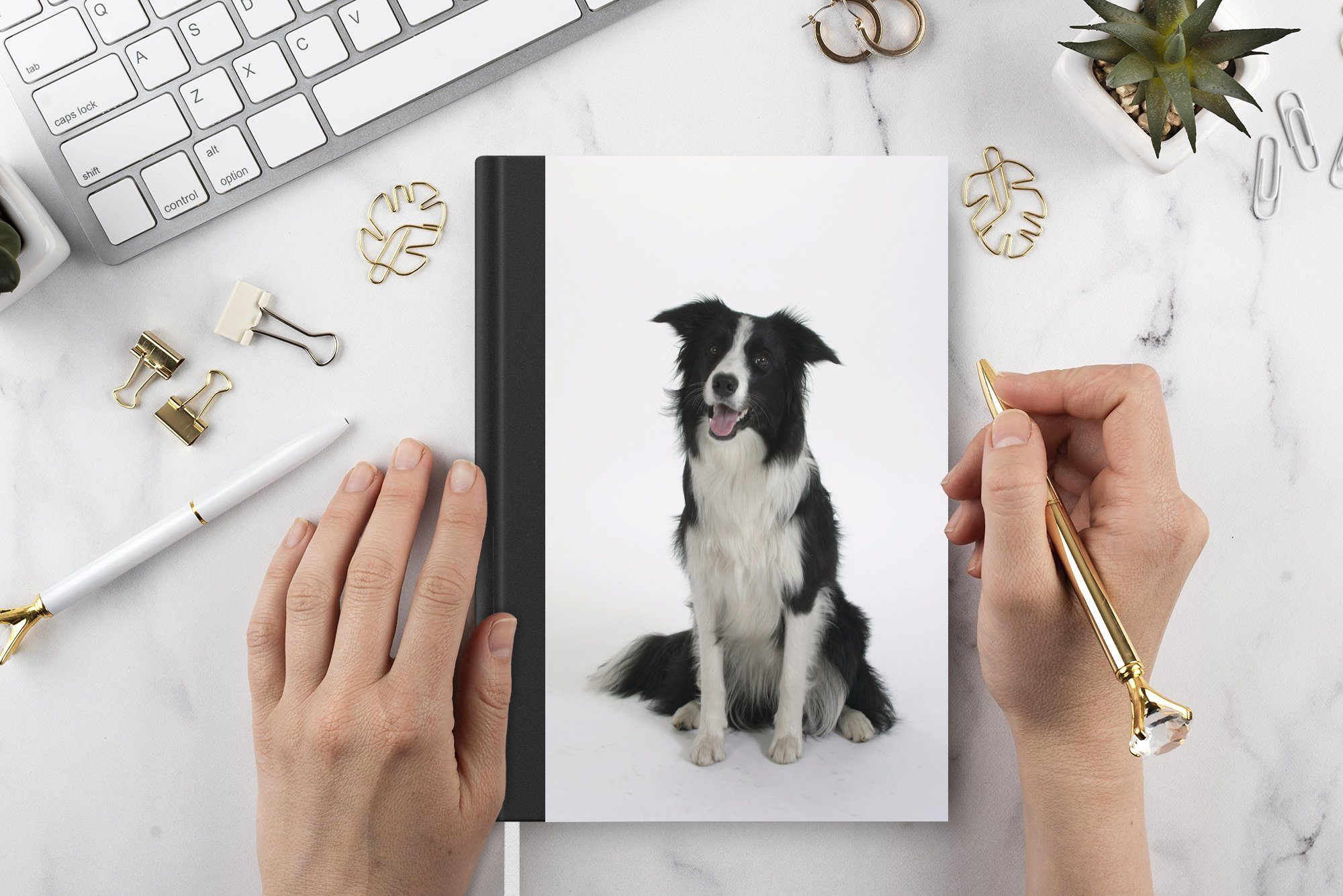 MuchoWow Notizbuch Porträt eines wohlerzogenen Border Collie im Sitzen, Notebook, Notizblock a5, Tagebuch, Journal Liniert